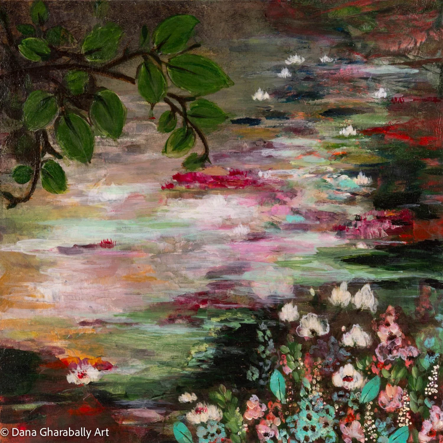 Echo of Bloom on Water - An impressionistic painting of a pond with water lilies and surrounding greenery, featuring dark and vibrant colours.