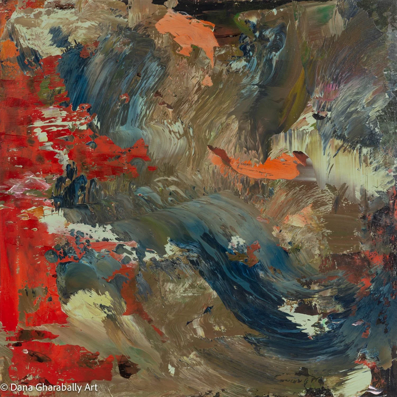 Tempest at Sunset - Abstract painting with bold strokes and blending of earthy tones, bright orange, deep blue, red, tan, and black.