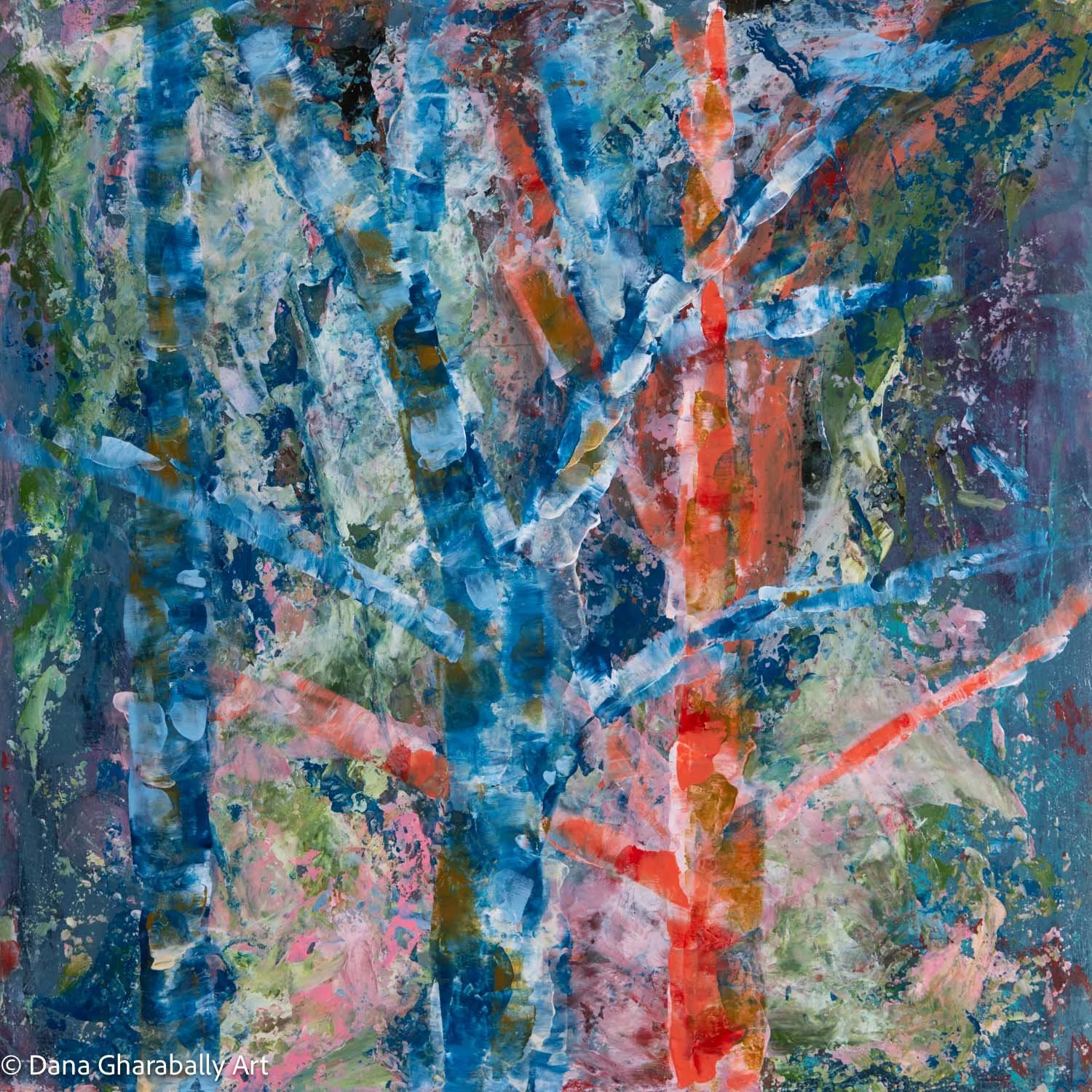 Nocturnal Grove - Abstract painting of trees with overlapping brushstrokes in shades of blue, green, red, orange, and white.