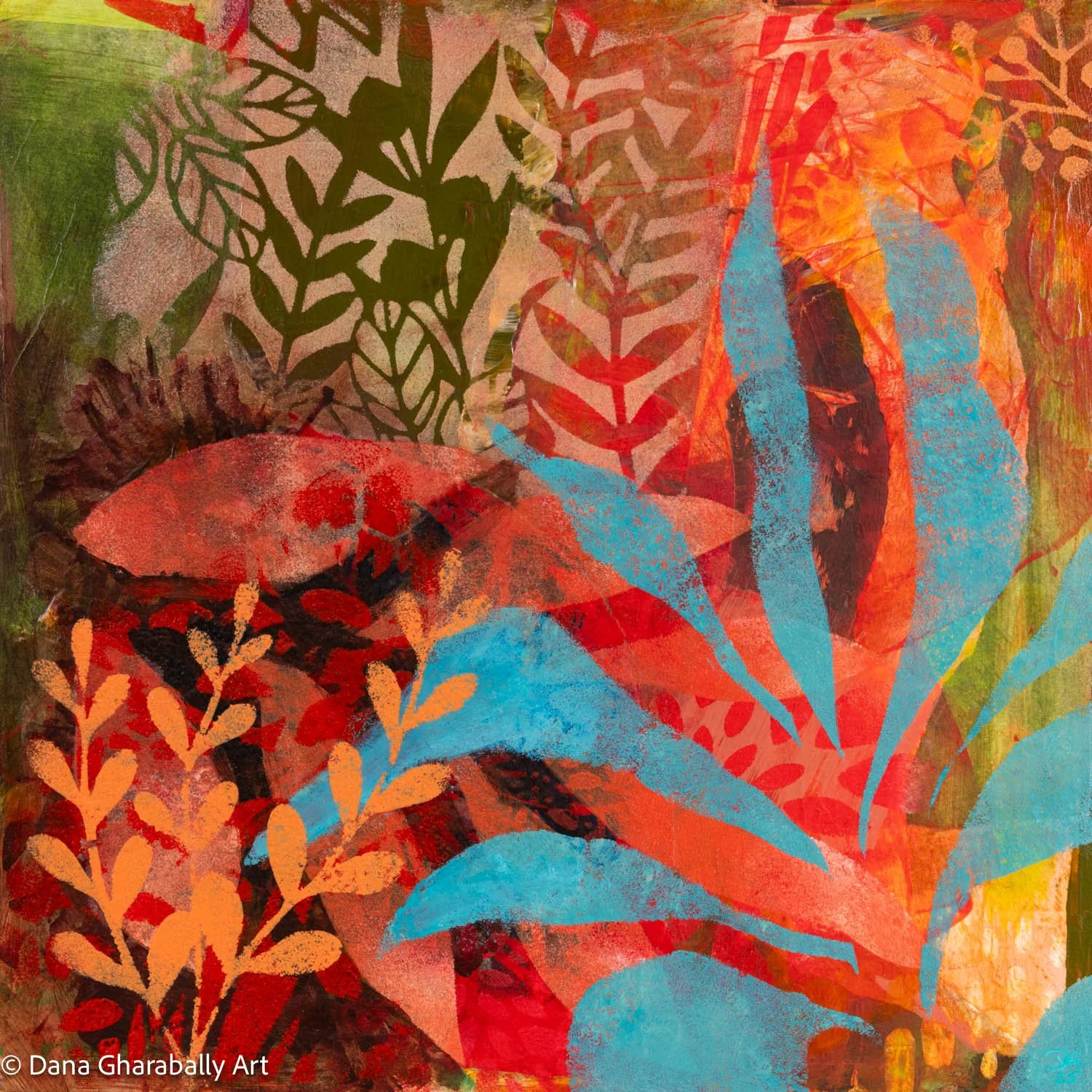 A Language of Leaves - Abstract artwork featuring overlapping colourful leaves and plant shapes in shades of red, orange, green, and blue.