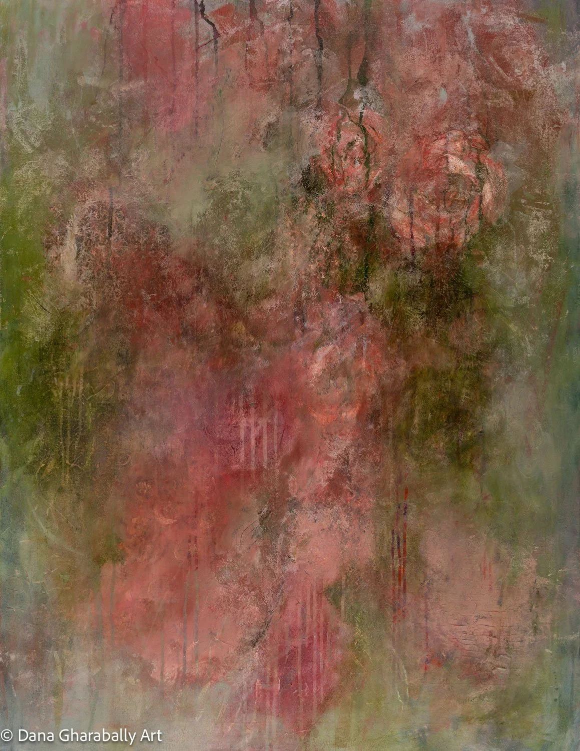 The Hidden Garden - Abstract painting with shades of pink and green featuring textured and layered brushstrokes.