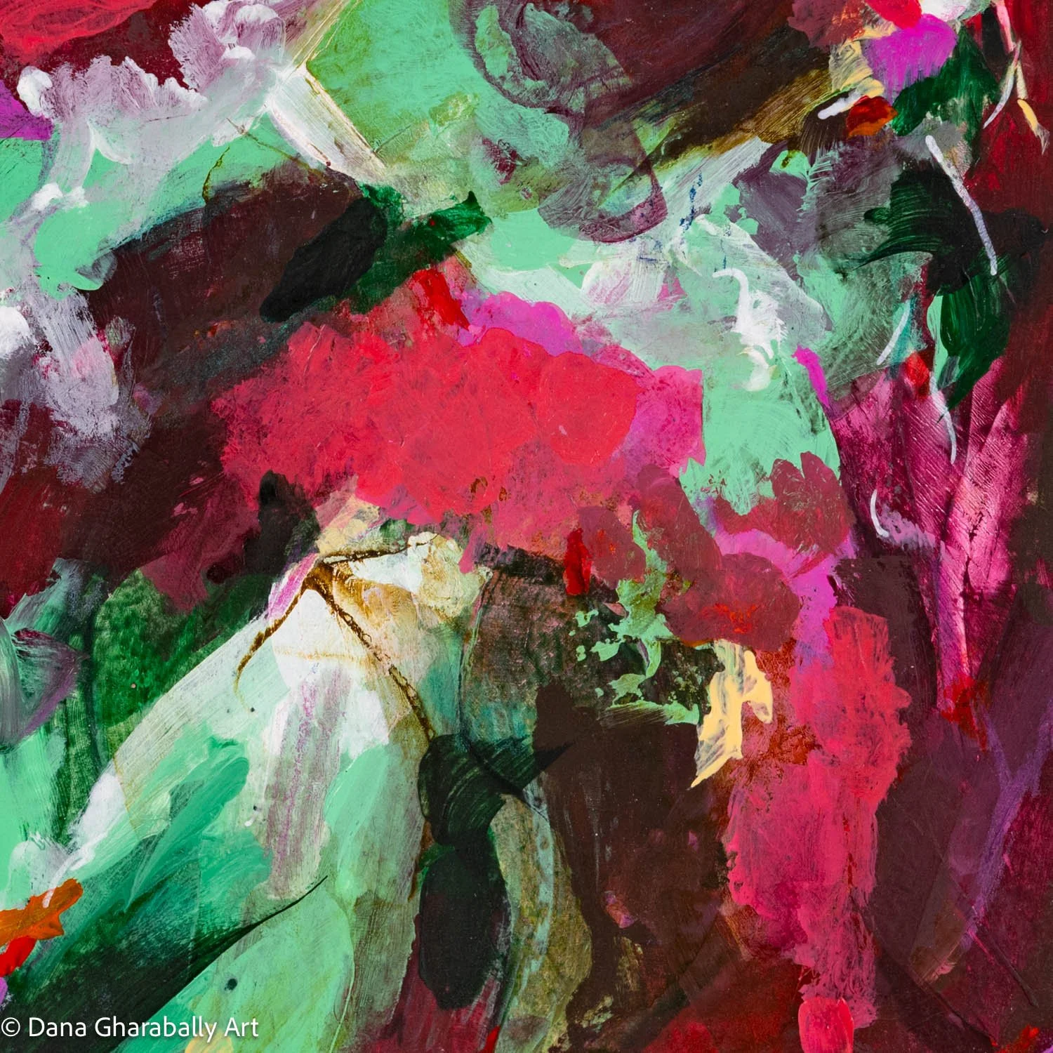 After the Storm #3 - Abstract painting with bold brushstrokes in red, green, purple, black, and white.