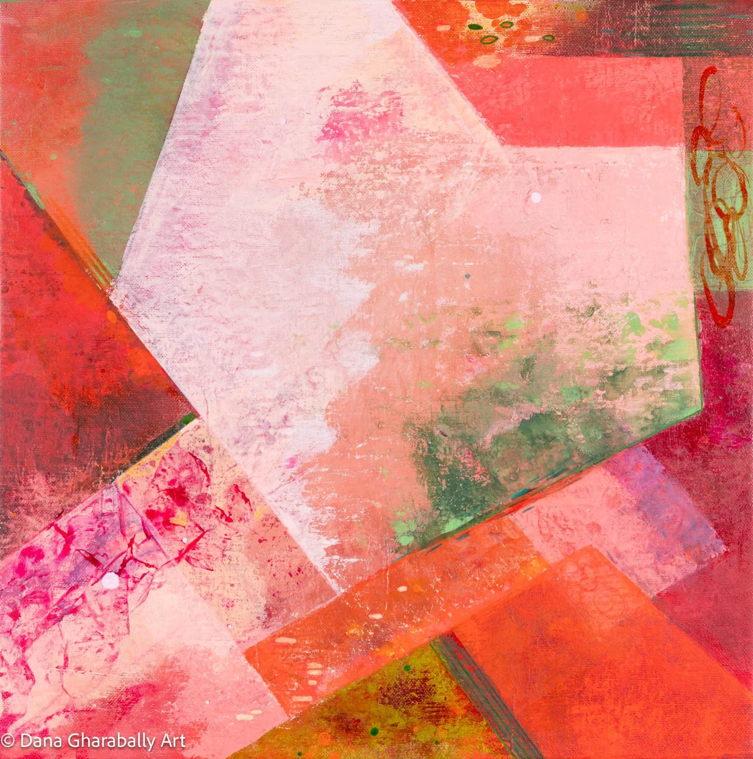 Soft Blush Overly - An abstract painting with overlapping shapes and textures in red, pink, green, and orange hues.