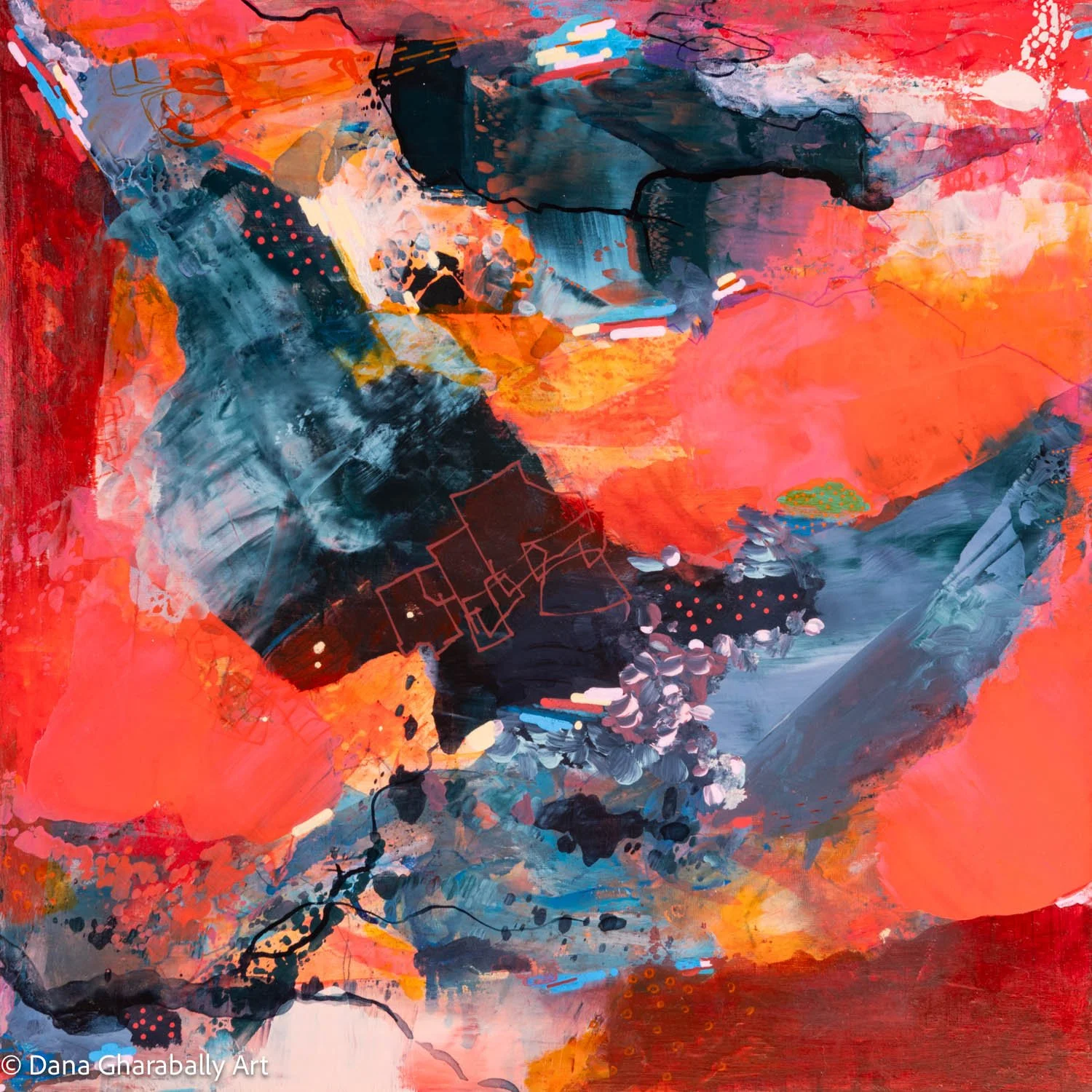 Silent Shadows Dancing on Fiery Embers - Abstract painting with vibrant shades of red, orange, blue, black, and white, featuring bold brushstrokes, splatters, and geometric shapes.