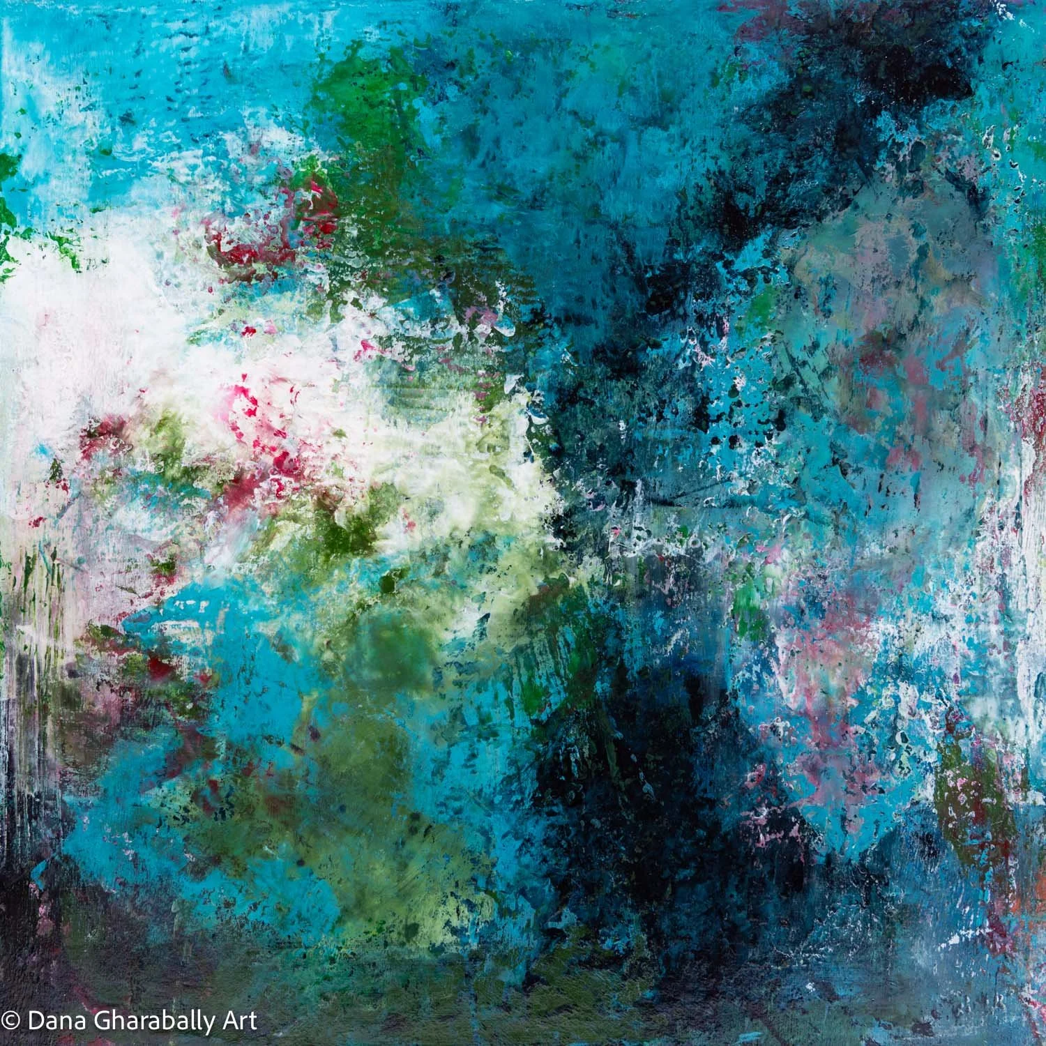 Shifting Tides in Teal #2 - An abstract painting with shades of blue, green, white, pink, and black, featuring textured and layered paint strokes.
