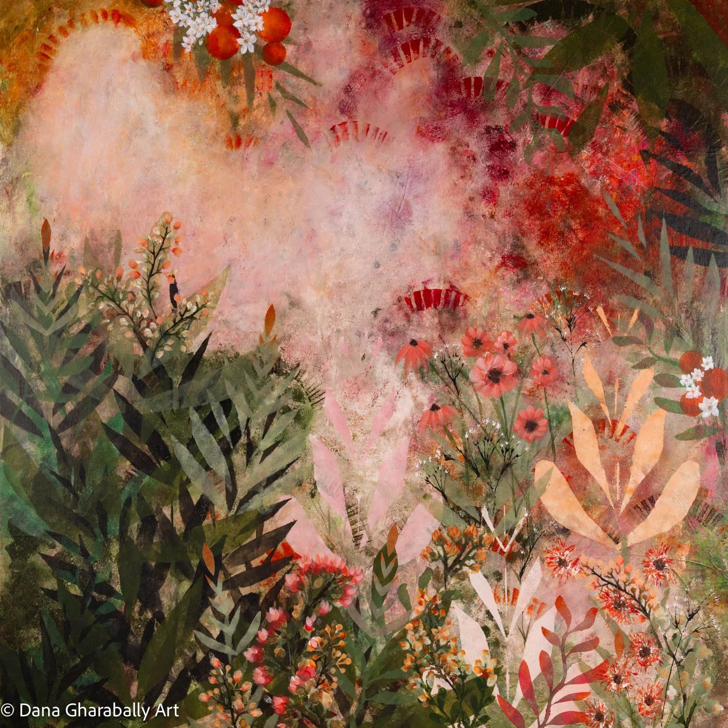 Sueño Andaluz (Andalusian Dream)- An original painting of various flowers and plants in shades of pink, red, and green with a textured, abstract background.