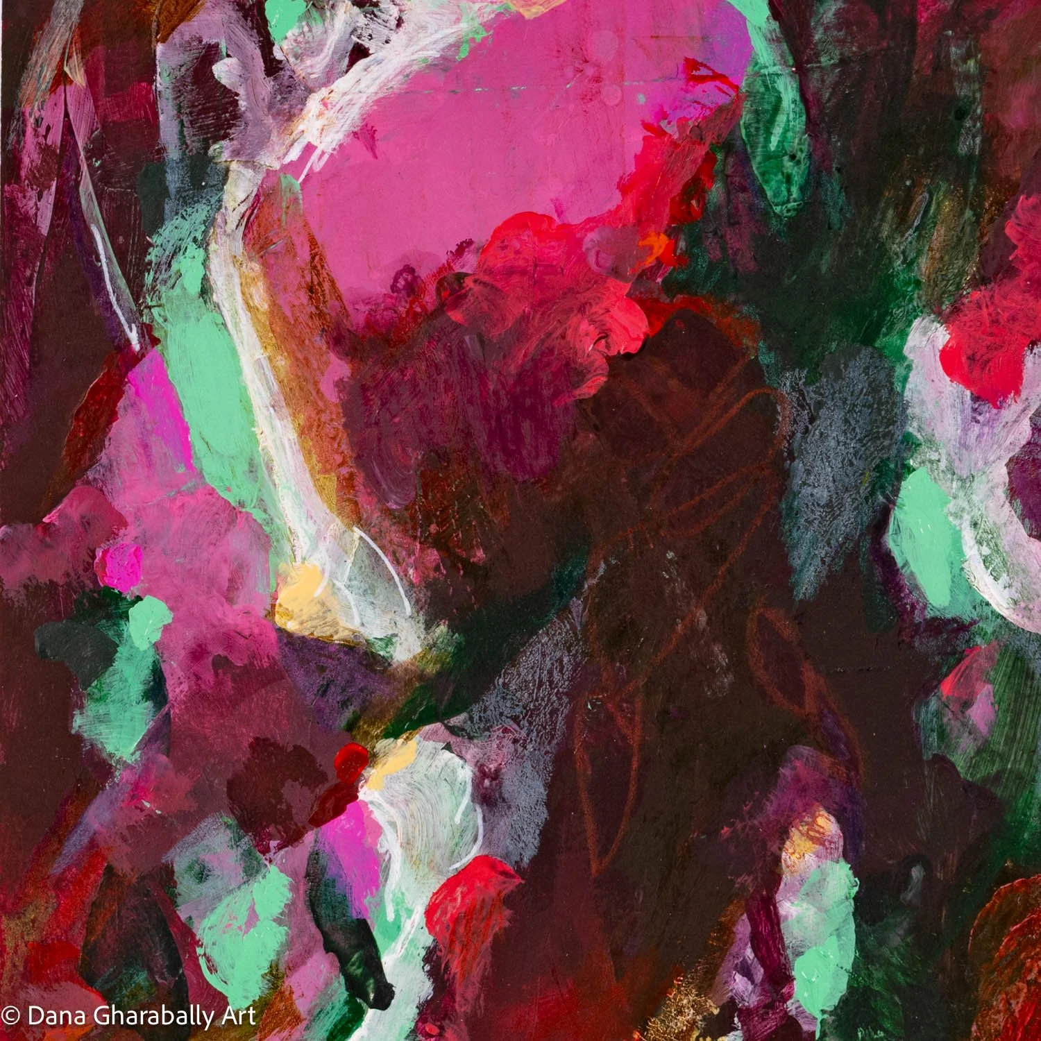 After the Storm #4 - Abstract painting with dark reds, pinks, greens, black, and white brushstrokes.