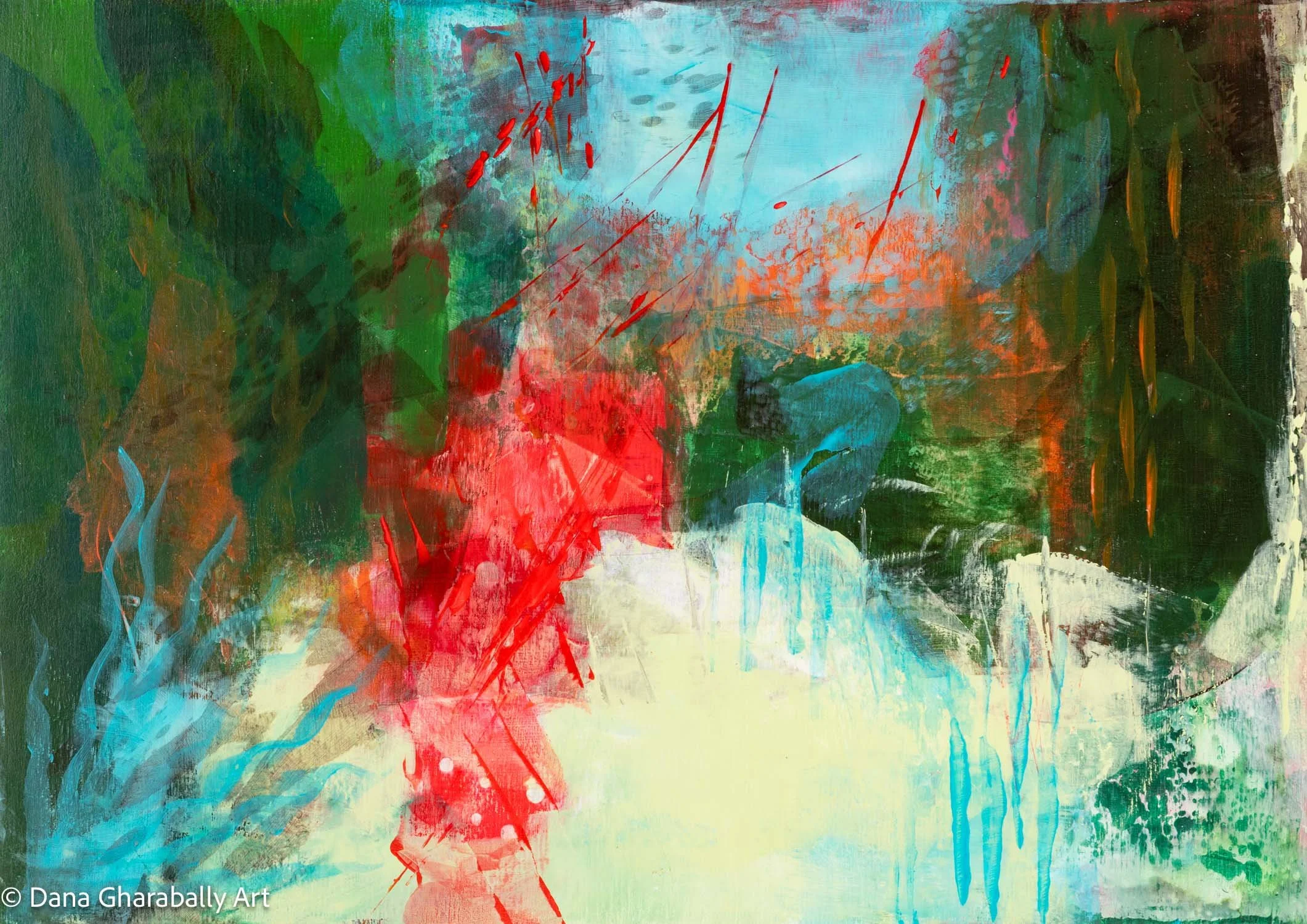 Underwater World #1 - An abstract painting with vibrant splashes of colour, including green, red, blue, and yellow, and dynamic brushstrokes suggesting an underwater scene. 