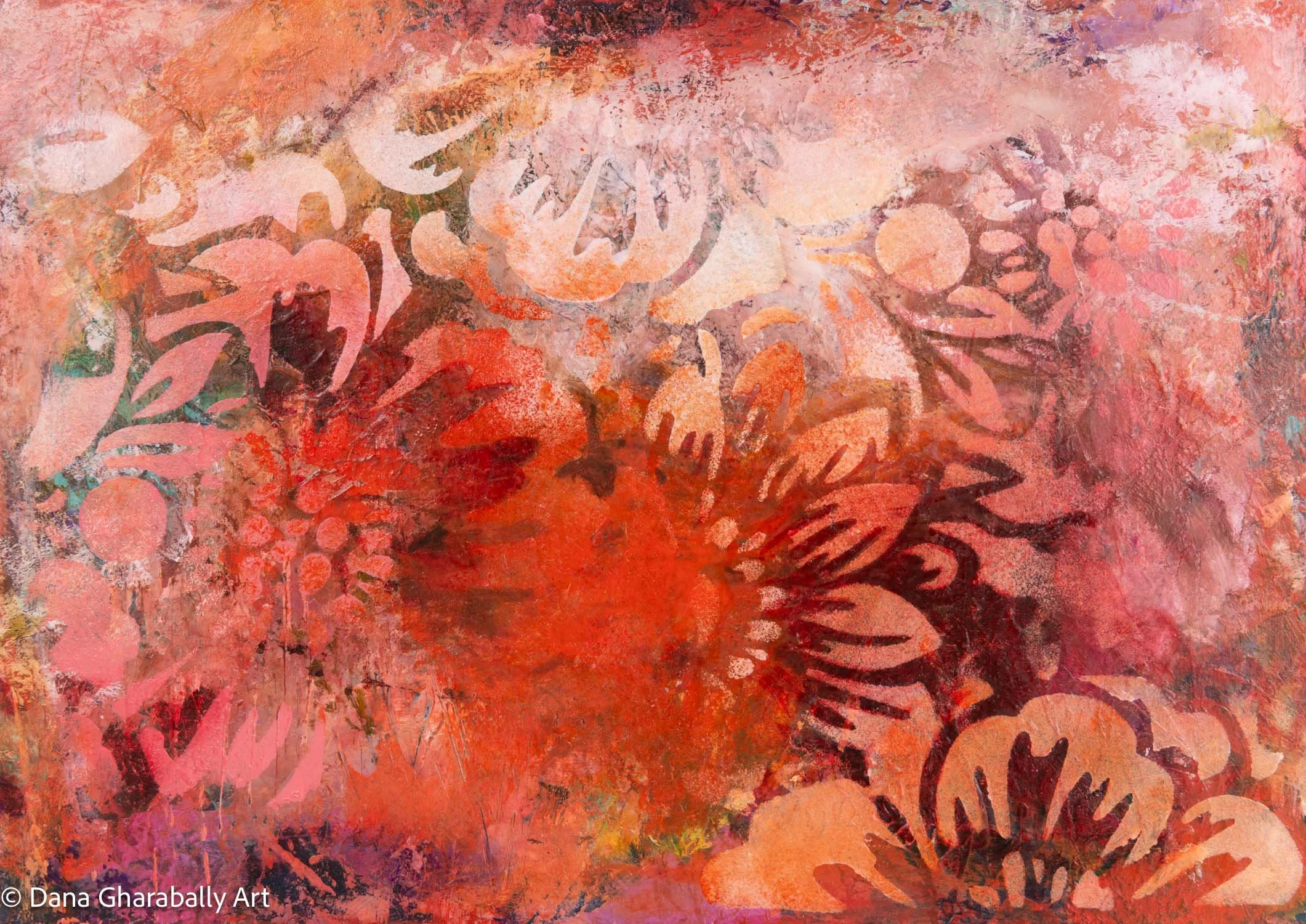 Coral Sanctuary - Abstract floral artwork in shades of red, pink, orange, and purple with layered stencils and textured background.