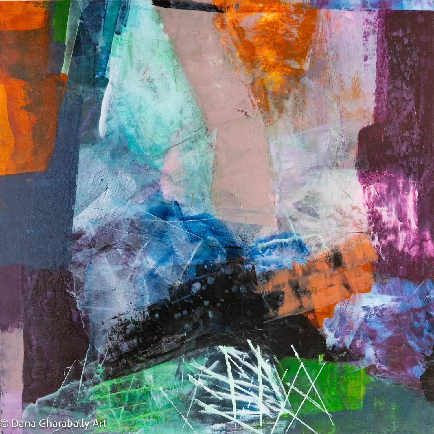 Beauty in Rough Terrain - Abstract painting with layers of vibrant colours including green, orange, purple, aquamarine and black, with textured brushstrokes and splashes.