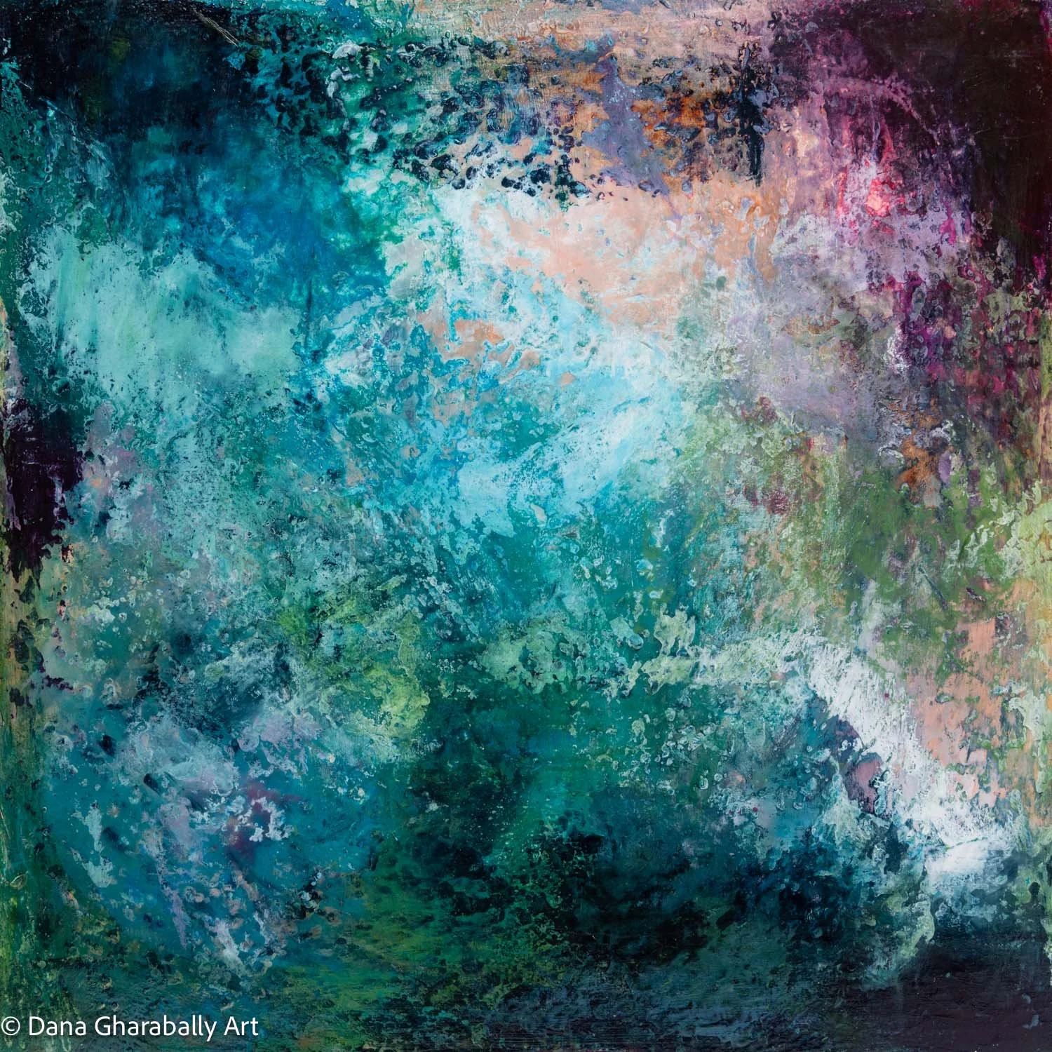 Shifting Tides in Green #2 - Abstract painting with swirling patterns in shades of blue, green, pink, purple, and black.