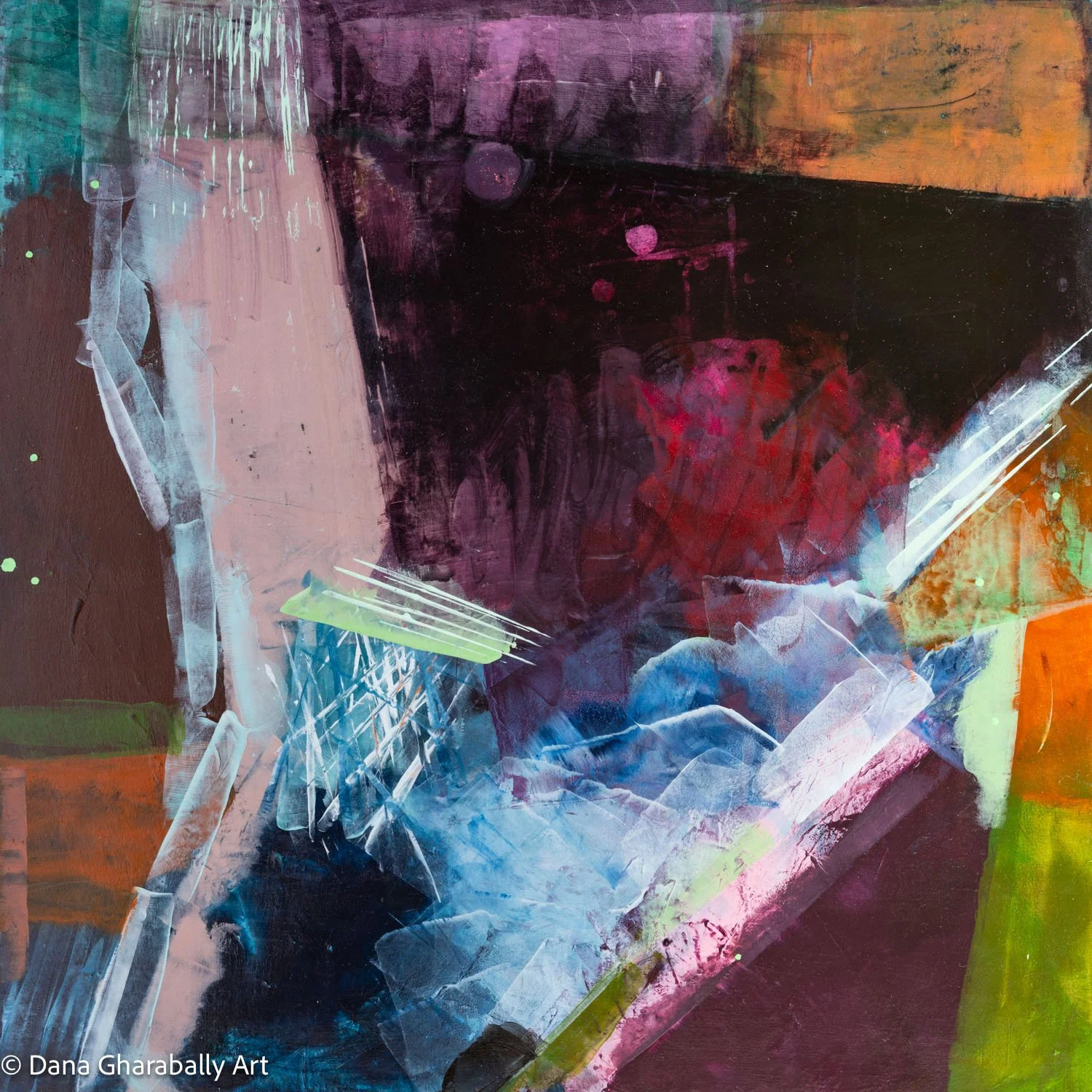 Beauty in the Broken Wild - Abstract painting with dark purple, black, red, and green colours, featuring layered brushstrokes and splashes of paint.