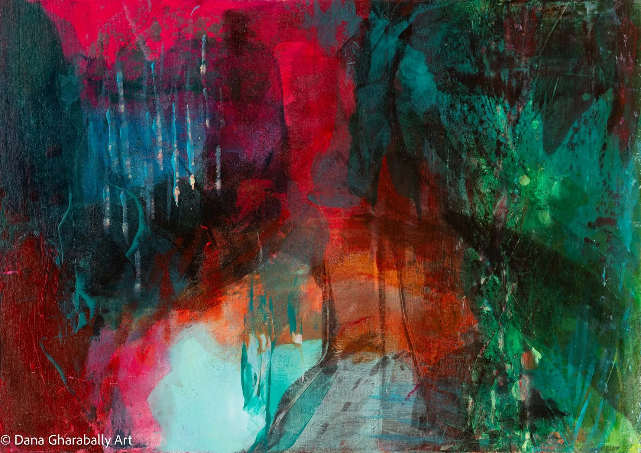 Underwater World #3 - Abstract colourful painting suggesting an underwater scene with dark green, red, blue, and black hues, featuring textured brushstrokes and layered paint.