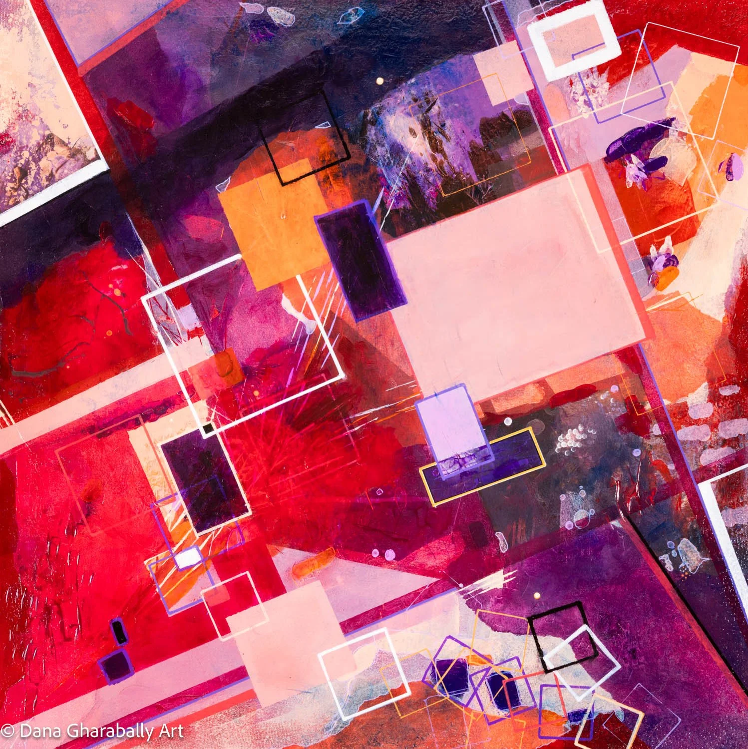 Scarlet Quadrant - Abstract art with overlapping squares and rectangles in red, purple, black, and orange, with textured and layered background effects.