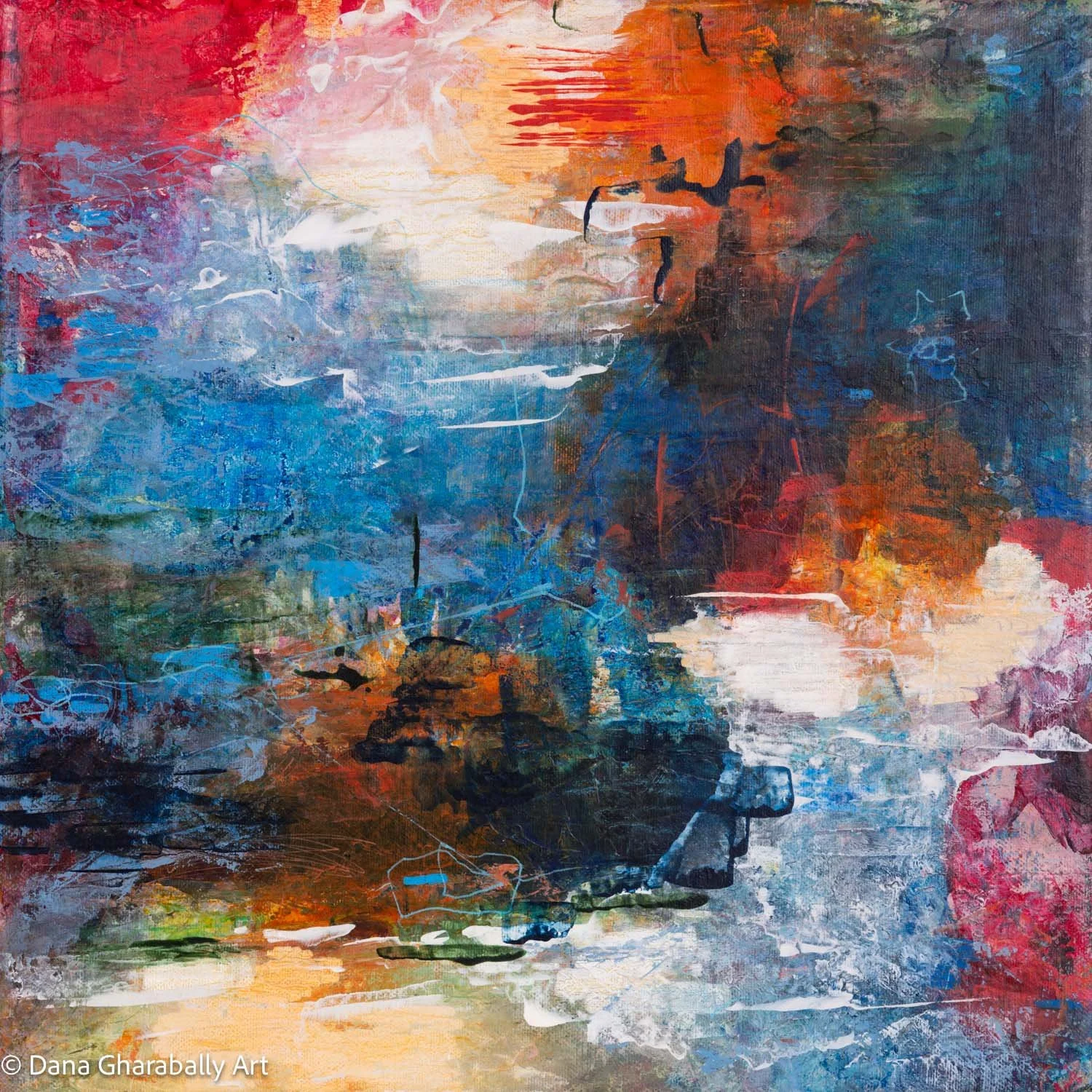 What the Water Told the Sky - Abstract painting with vibrant colours, including blues, reds, blacks, whites, and browns, featuring layered textures and dynamic brushstrokes.