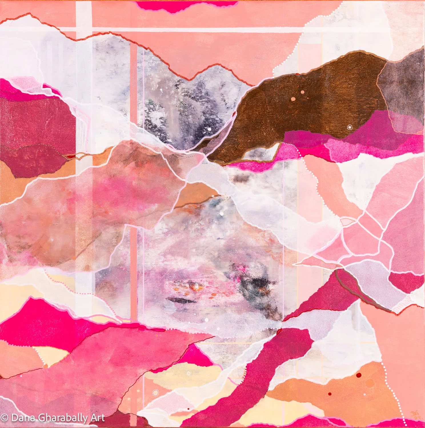 Interlaced Dimensions in Coral Pink - Abstract artwork in shades of pink, peach, white, black, and brown, featuring layered organic shapes and intersecting lines.