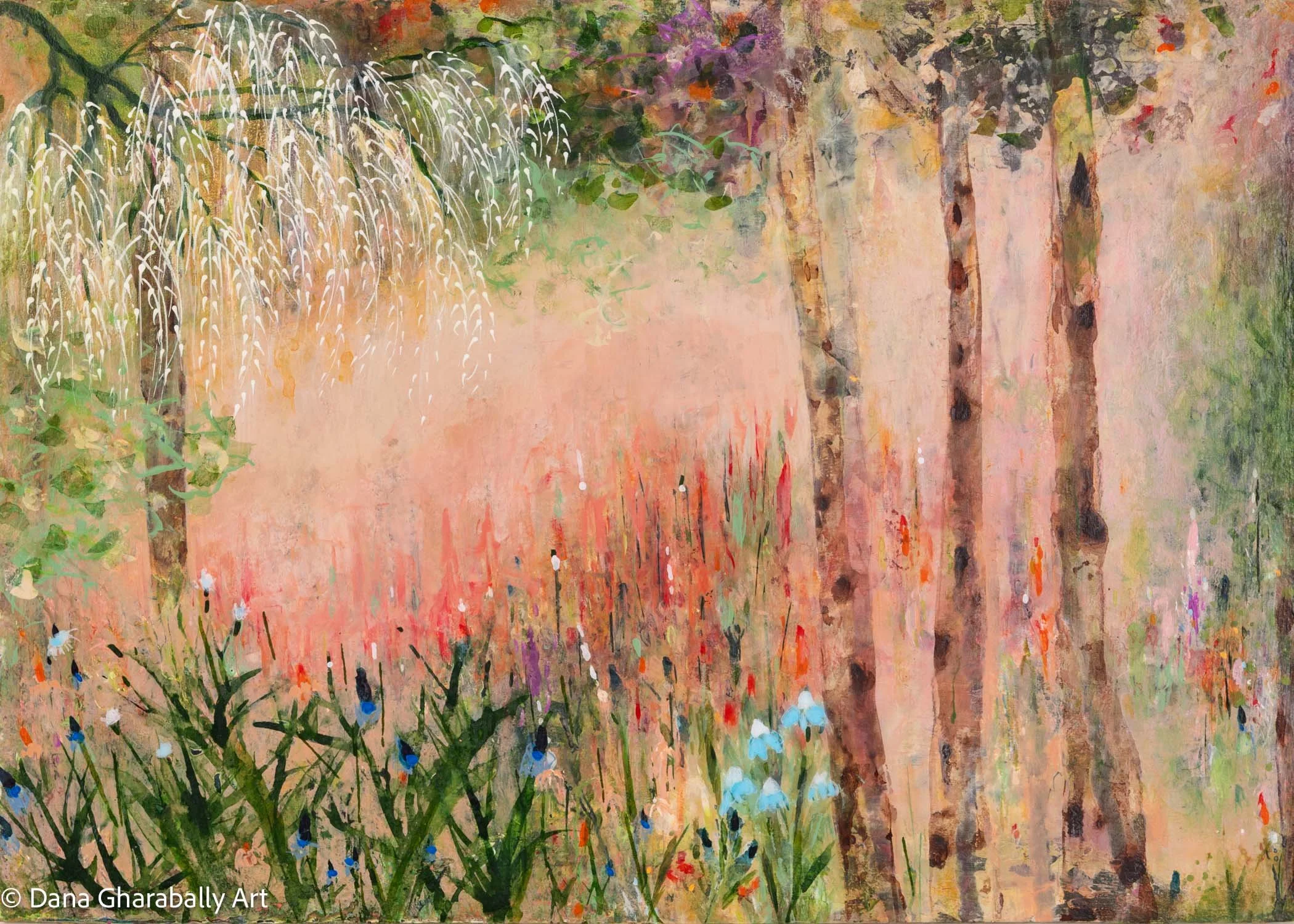 Petals Blush at Dusk - Acrylic painting of a natural landscape with birch trees on the right and flowering plants at the bottom, including blue and pink blossoms, with a background of pinkish and greenish tones.