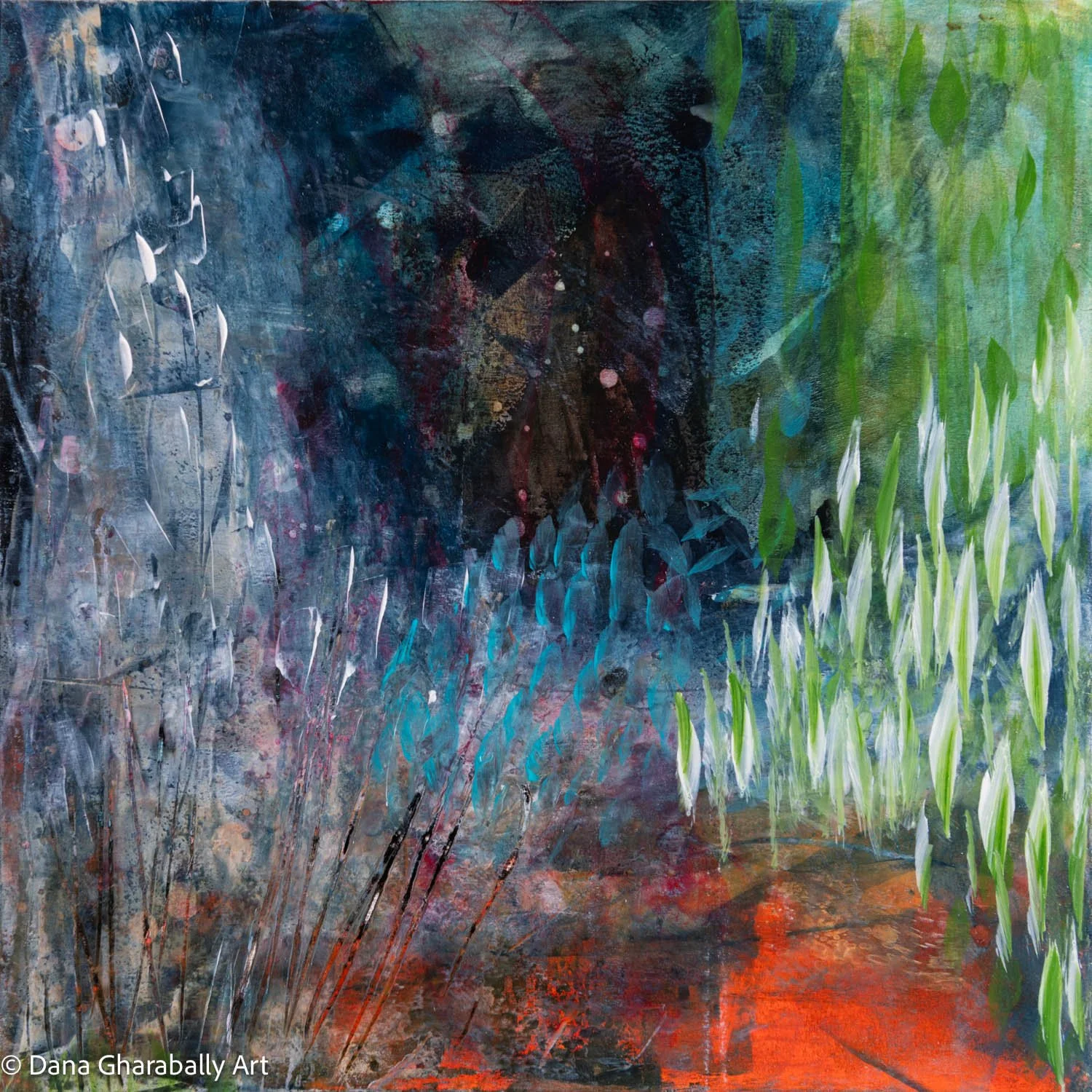 Dawns Floral Symphony - An abstract painting with dark, moody colours featuring a mixture of dark blues, greys, and blacks with green, white, and red accents. The painting has  a layered effect, with some areas resembling plant shapes.