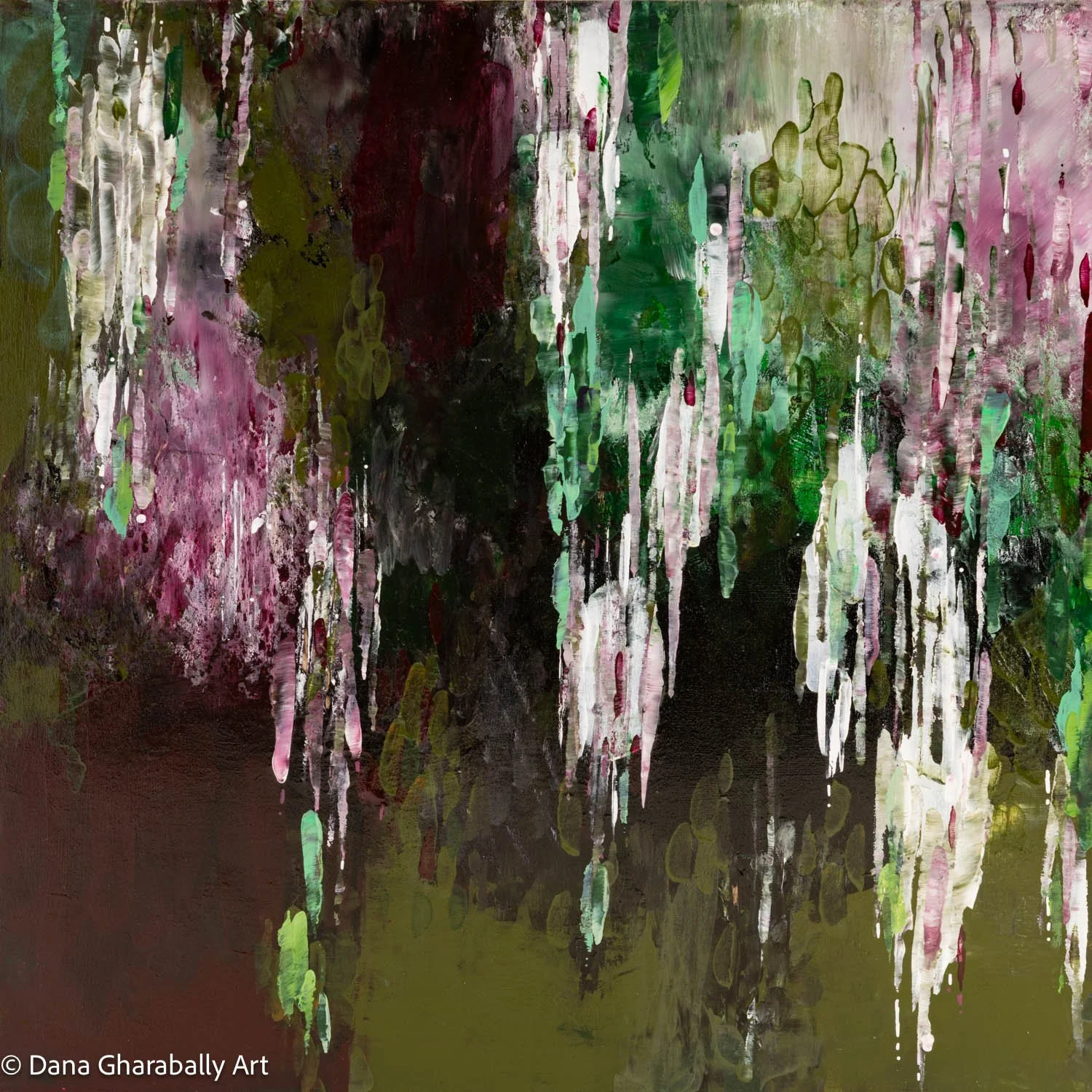 Heaven Sent- Abstract painting with dripping green, purple, white, and black paint.