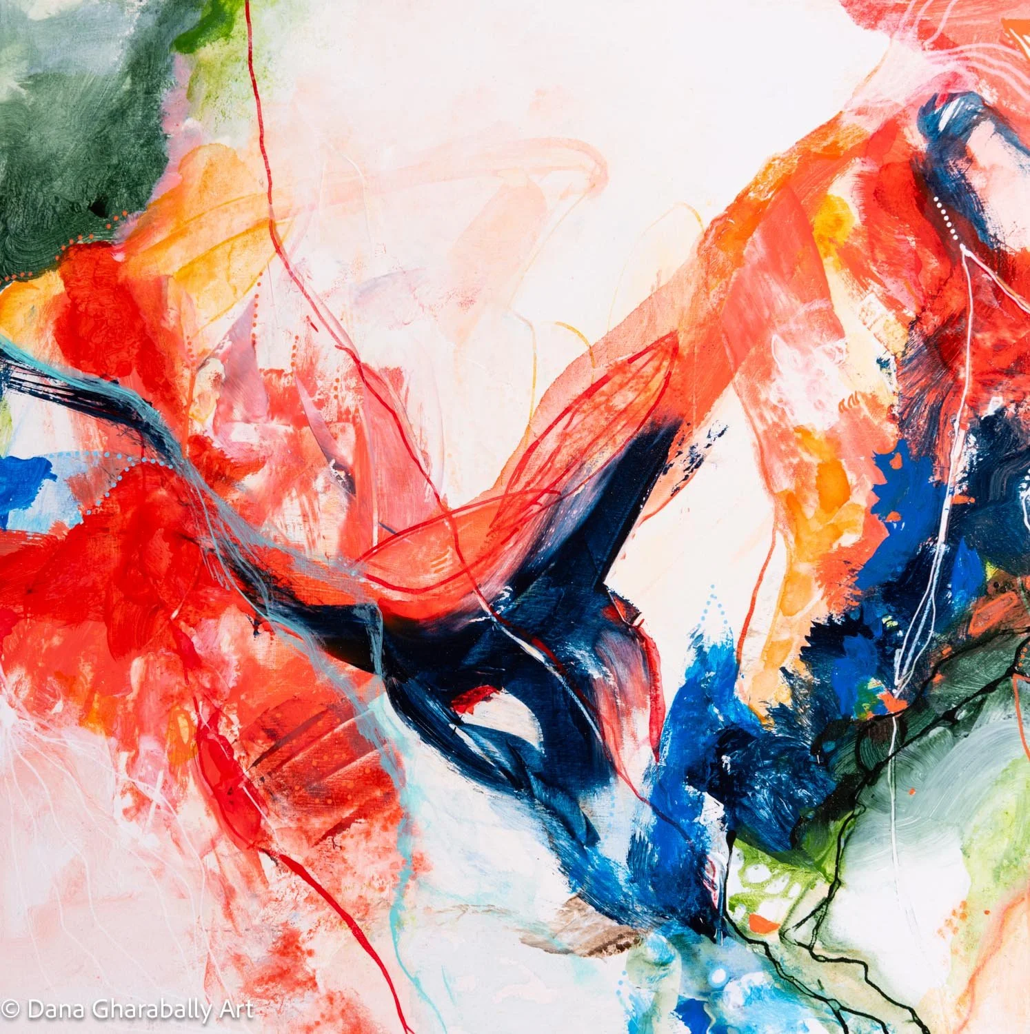 Colour Whirl of Emotion #2 of tryptic - Abstract expressionist painting with bold strokes of red, orange, blue, green, and black, featuring dynamic lines and splashes of colour.