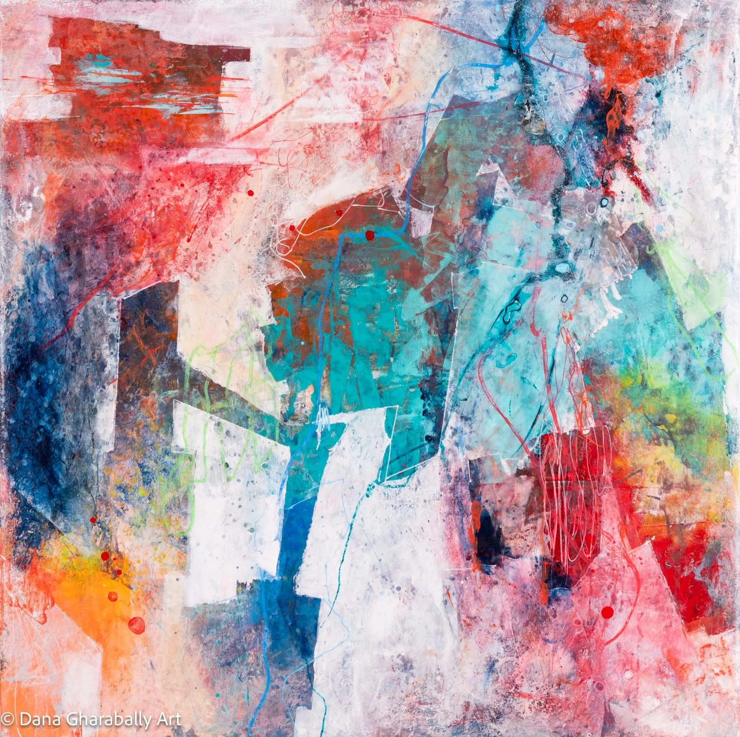 Colour Fusion - Abstract colourful painting with splashes of red, blue, green, orange, and white, featuring various shapes, lines, and textures.