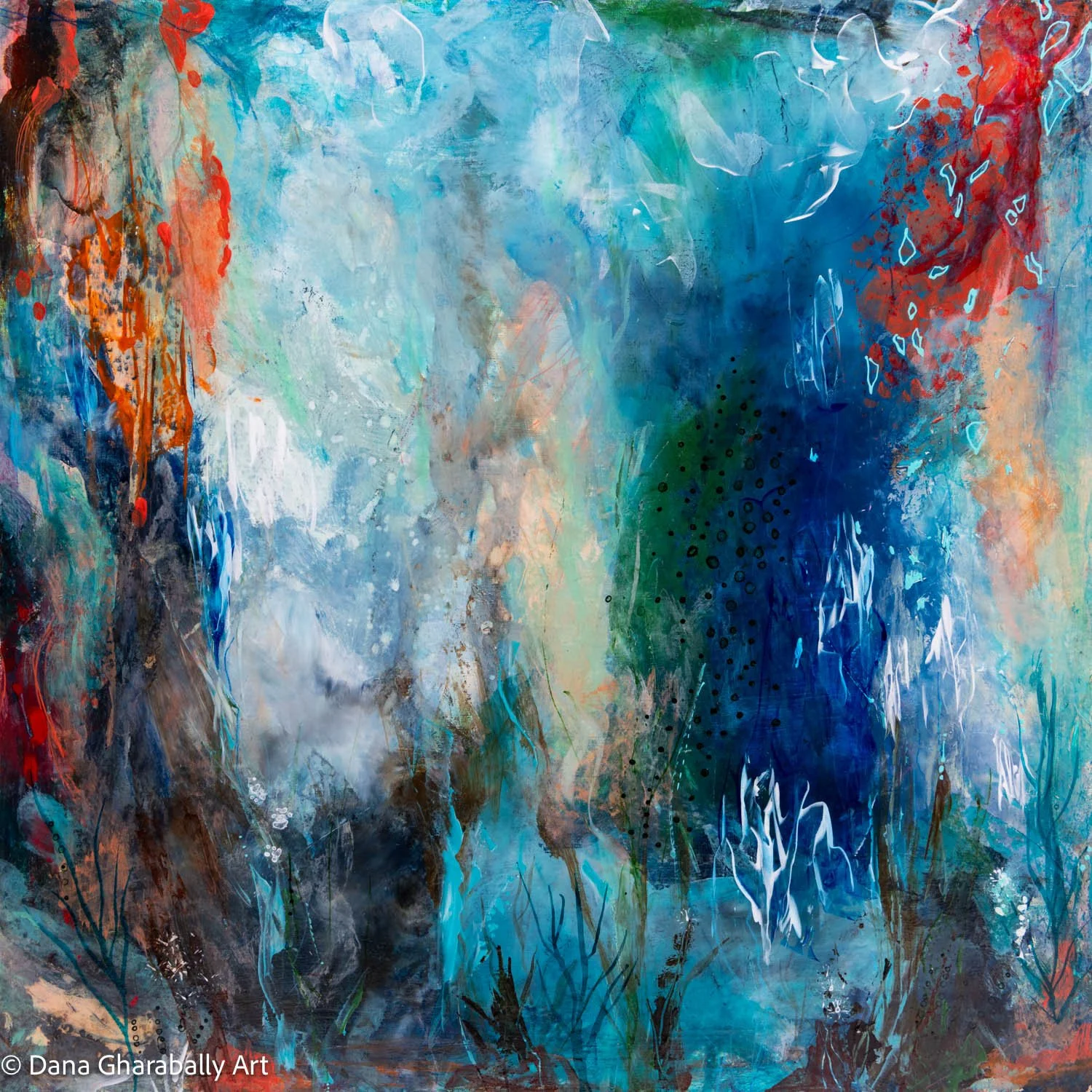 Underwater Garden #2 - Abstract painting with shades of blue, green, orange, black, white, and red, featuring fluid and textured brushstrokes, drips, and splatters.