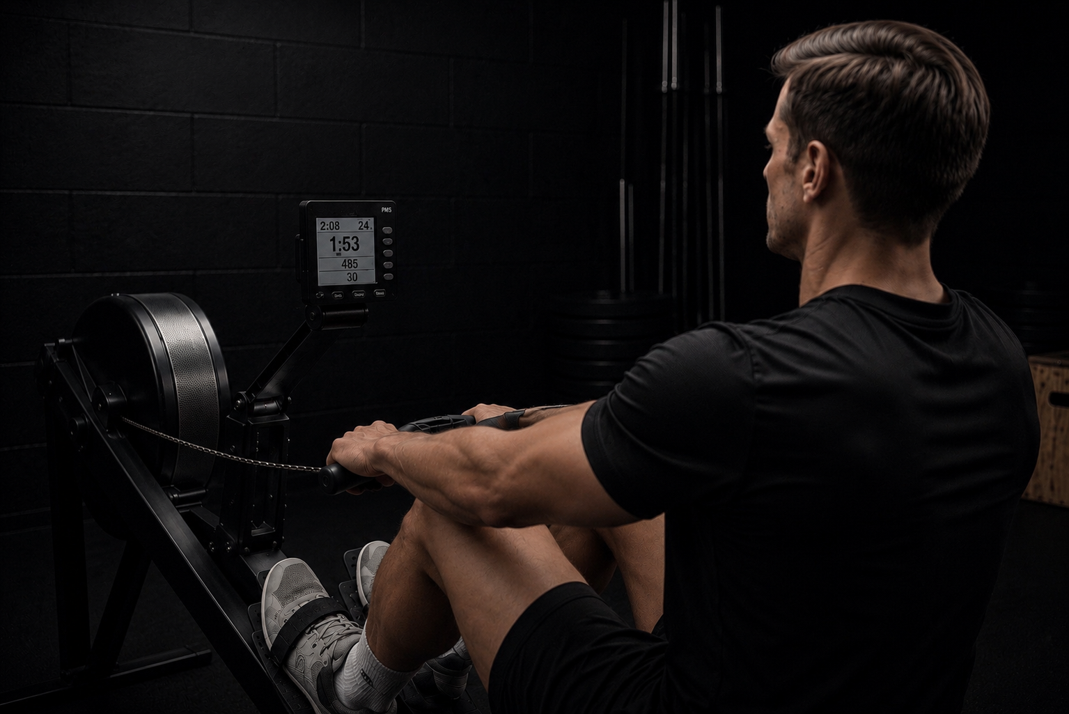 Professional building aerobic fitness and work capacity on a Concept2 row erg during corporate performance training.