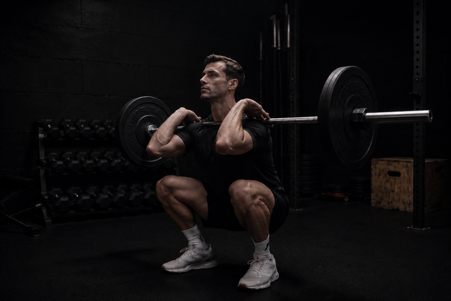 Performance coaching using a barbell front squat to build strength, movement quality, and physical capacity under load.