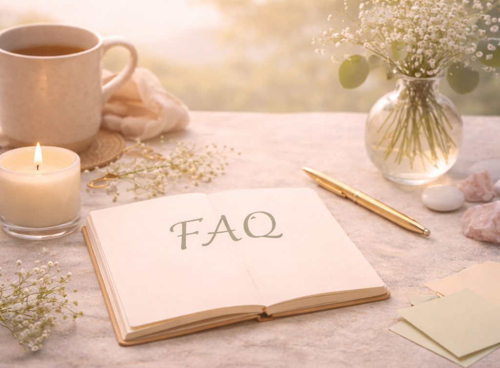 An open notebook with the text 'FAQ' on the page, a lit candle, a mug of tea, a gold pen, a vase with white flowers, and rose quartz stones on a light-colored tabletop.