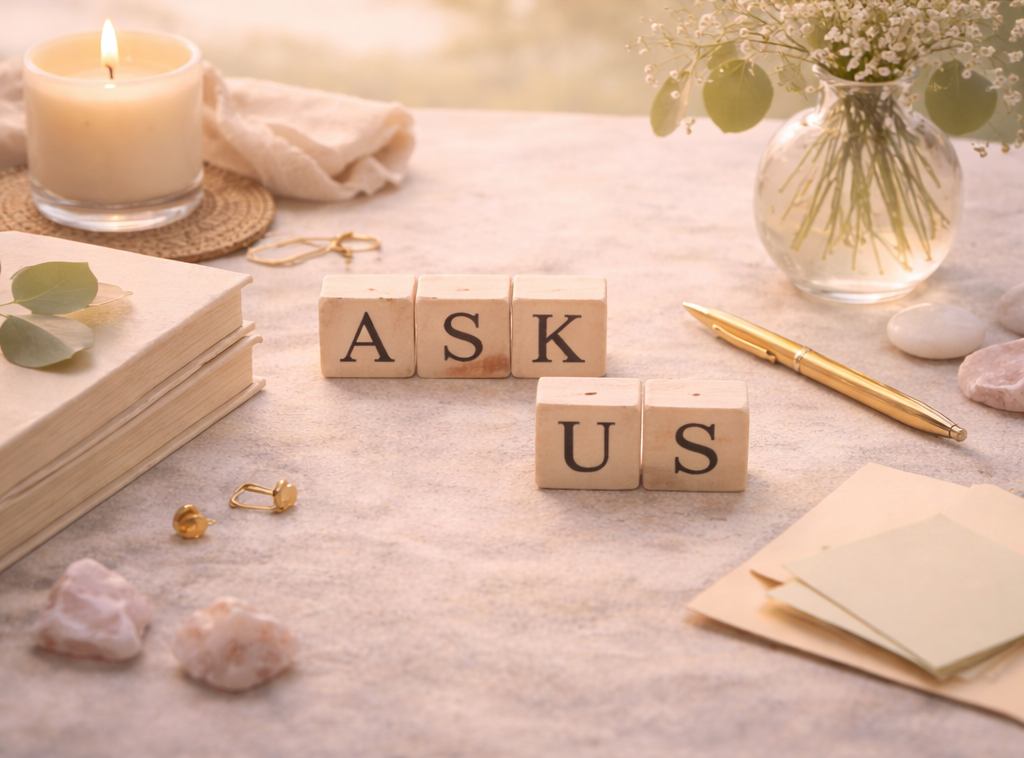 Wooden blocks spelling out "ASK US" on a table with a candle, flowers in a vase, a gold pen, books, and stationery.