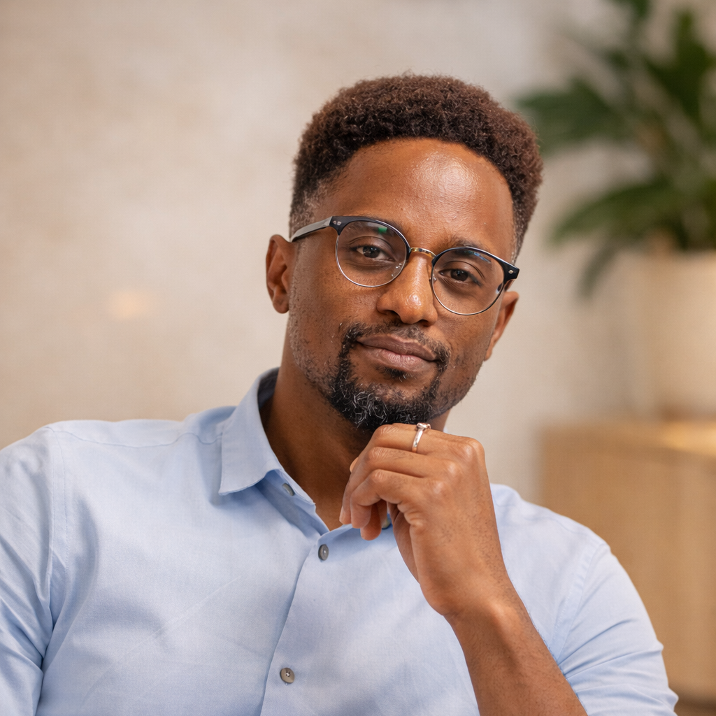 A man with glasses and a beard, wearing a light blue collared shirt, is sitting indoors with a neutral expression, hand under his chin, background with blurred indoor plants.