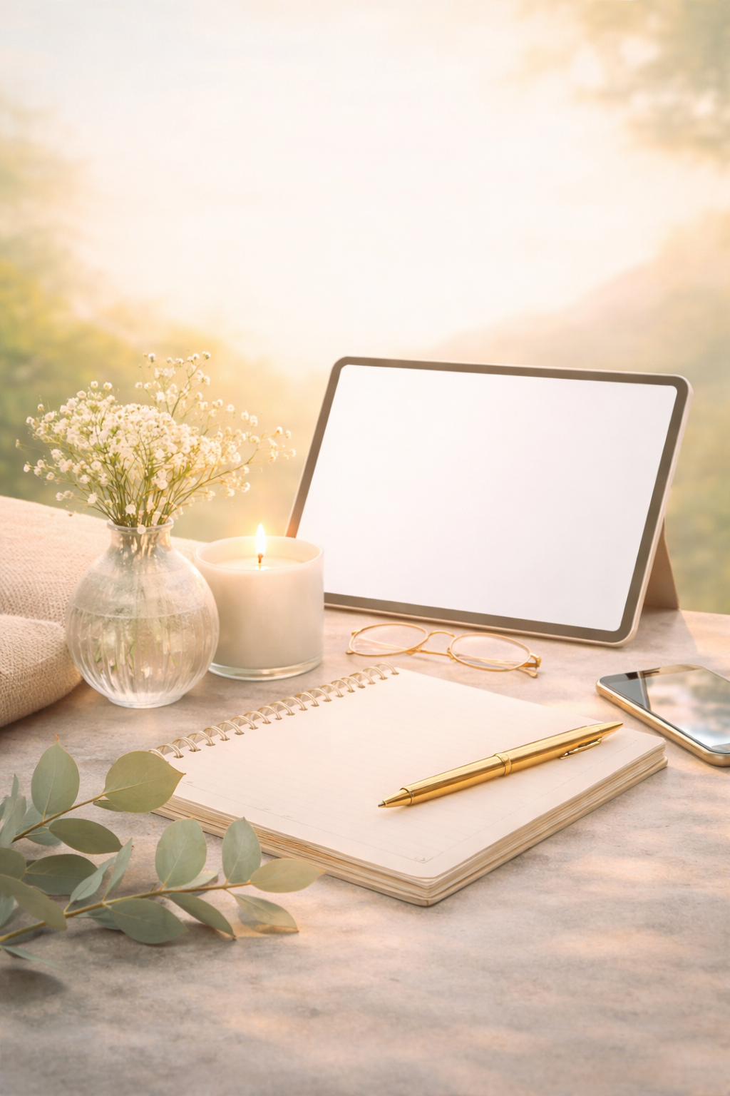 A cozy workspace with a blank tablet, a lit candle, a glass vase with white flowers, a notebook, a gold pen, a pair of glasses, and a smartphone on a marble surface, with a blurred outdoor background.