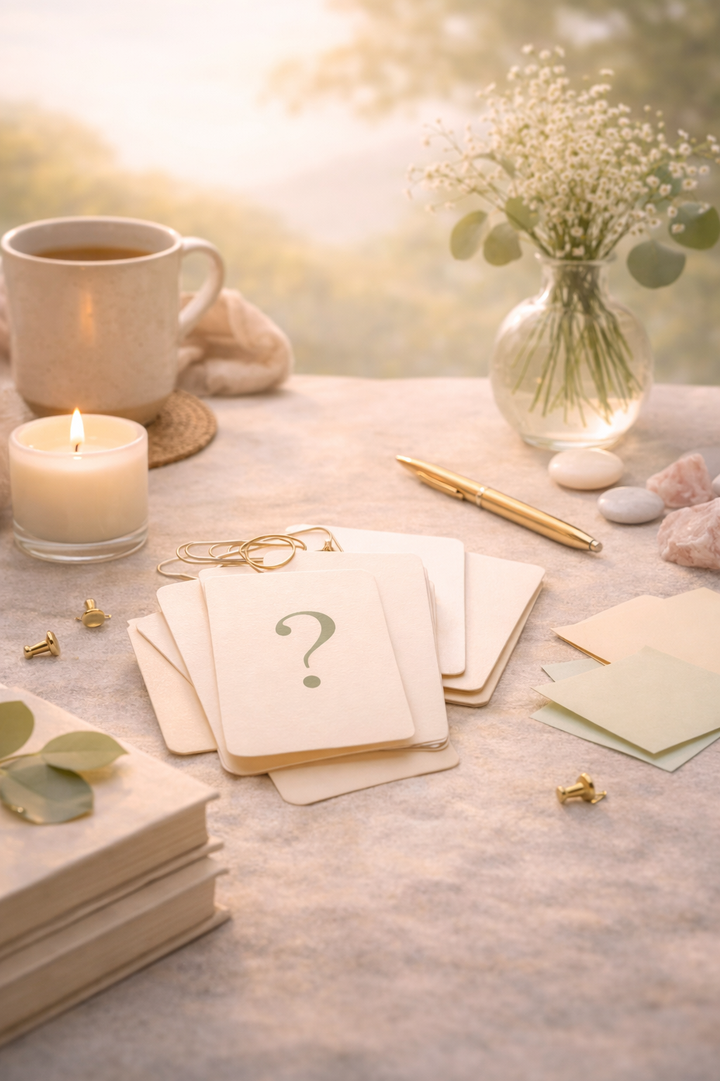 A cozy workspace with a cup of tea, a lit candle, a bunch of white flowers in a glass vase, a gold pen, a stack of cards with a question mark, gold push pins, a notebook, and scattered paper clips and stones in soft lighting.