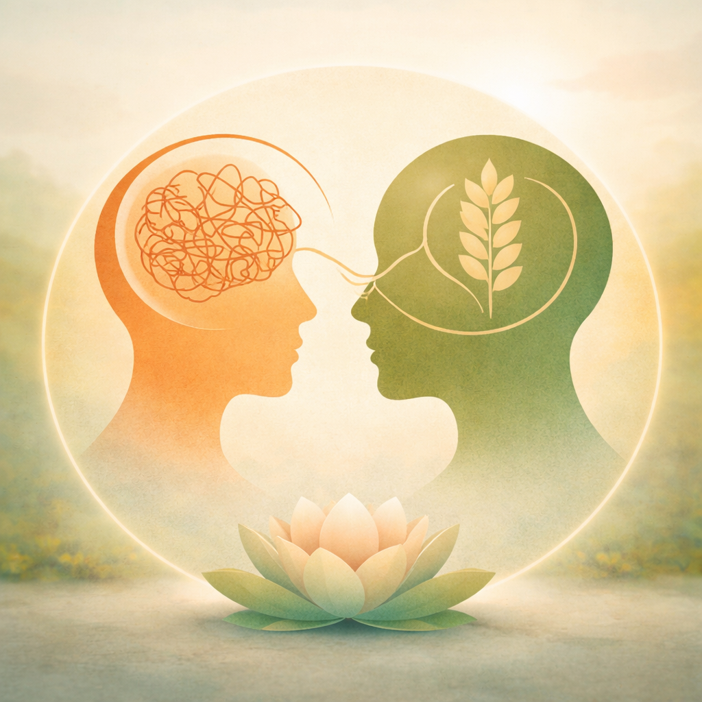 Silhouettes of two faces, one orange with a tangled brain and the other green with a wheat symbol, connected by a line, with a lotus flower at the bottom.