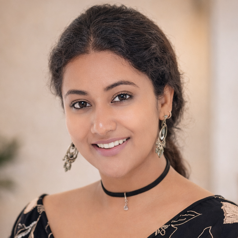 A young woman with dark hair in a braid, wearing earrings, a black choker with a pendant, and a black top with a floral pattern smiling at the camera.