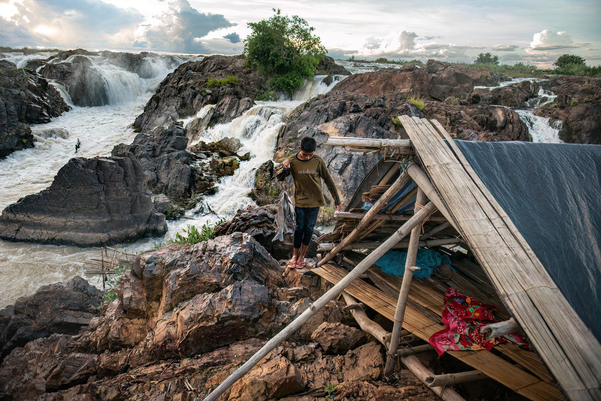 A fisherman returns to his shelter above the falls in Si Phan Don, carrying fish from a nearby Li trap. During the migration season, men often live for days beside the rapids, sleeping in temporary huts built from bamboo, timber, and tarpaulin so the