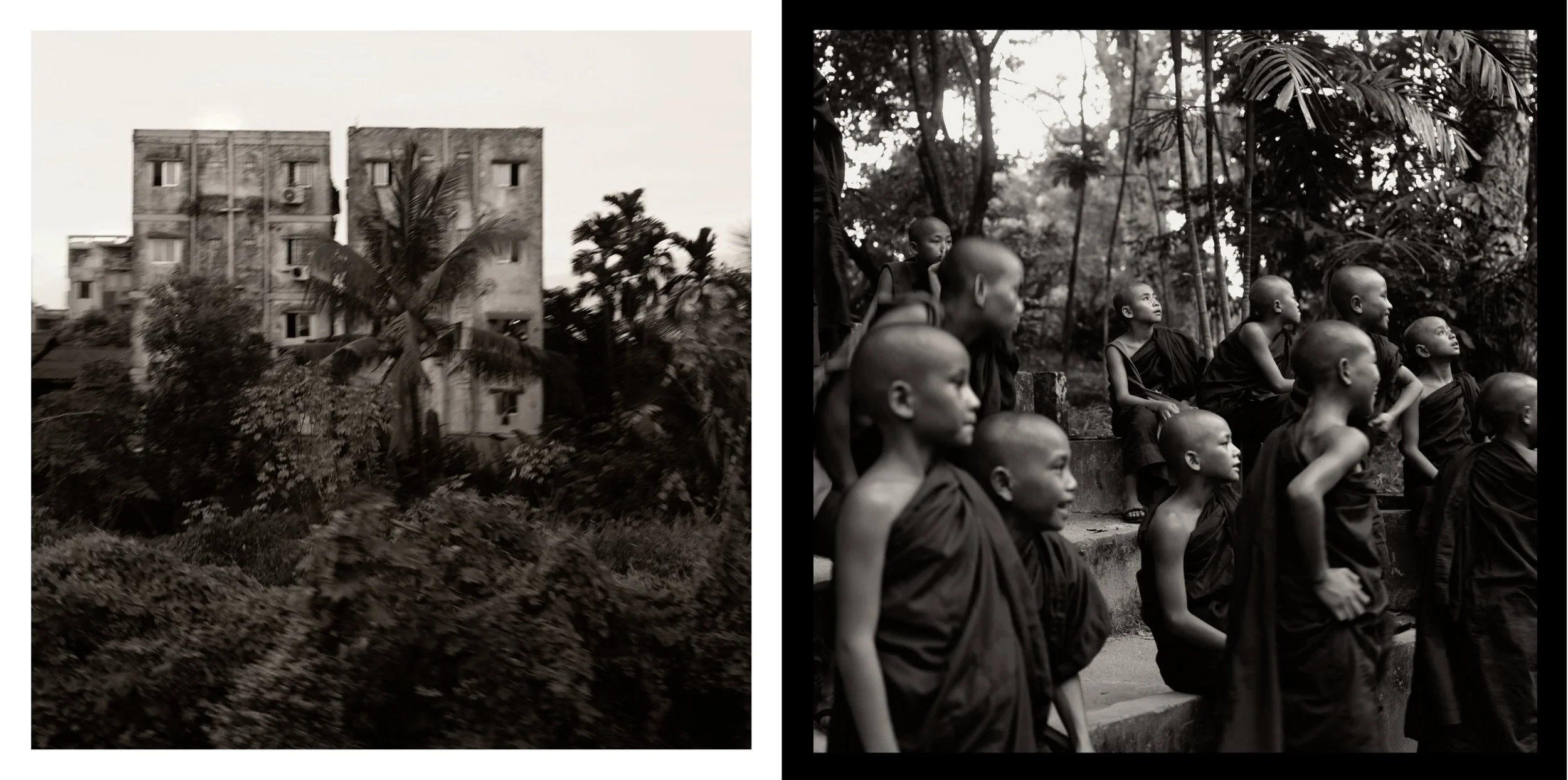 Side-by-side black and white photographs, left shows a multi-story building with palm trees and dense foliage in a tropical setting, right depicts a group of young monks in traditional robes sitting and standing on steps outdoors among trees, looking