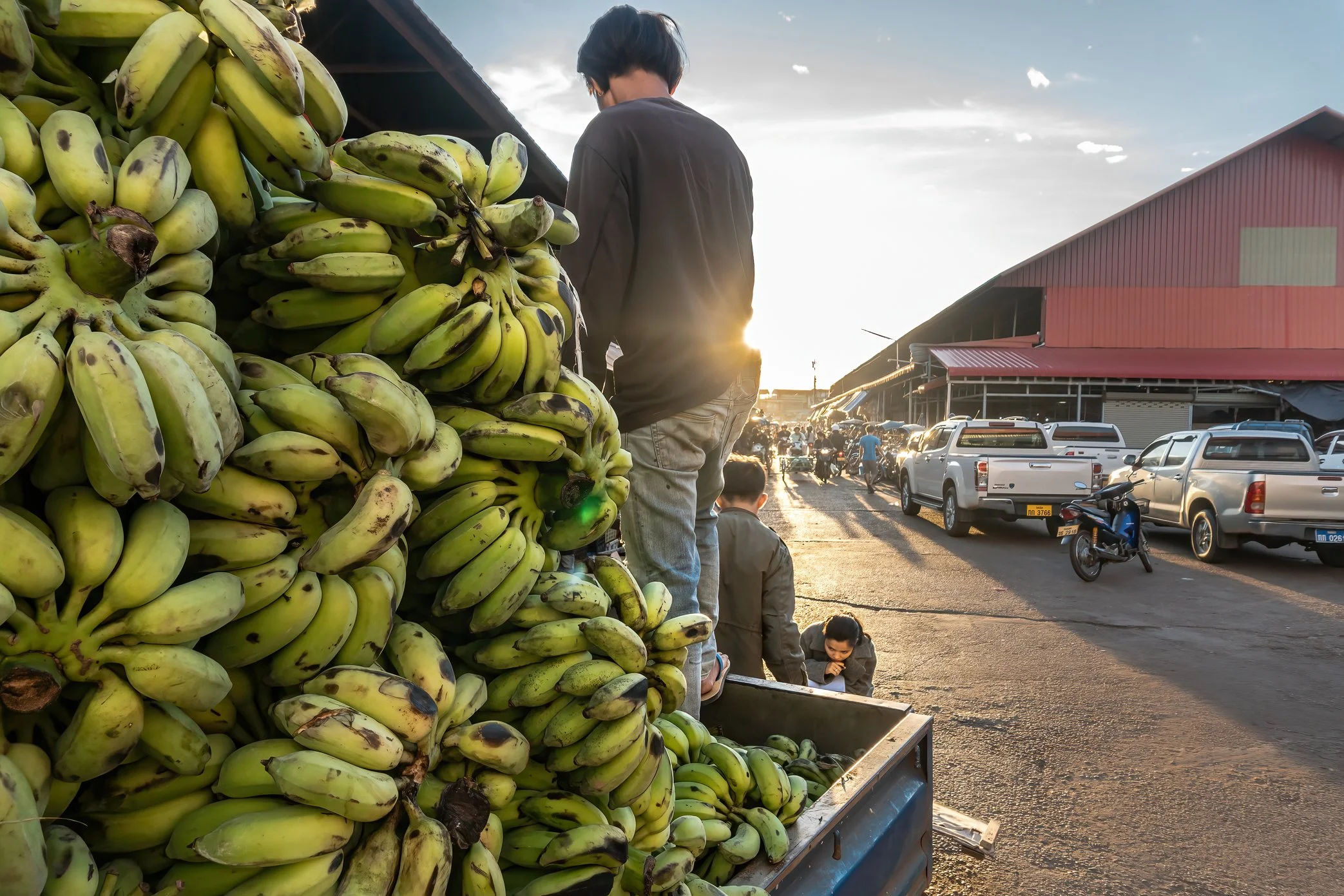 Vientiane, Laos, 2022 - A truck loaded with fresh bananas arrives at the market in the late afternoon. Although bananas are grown locally in Laos, inflation has raised the cost of planting, fuel, transport, and daily labor, pushing even familiar loca