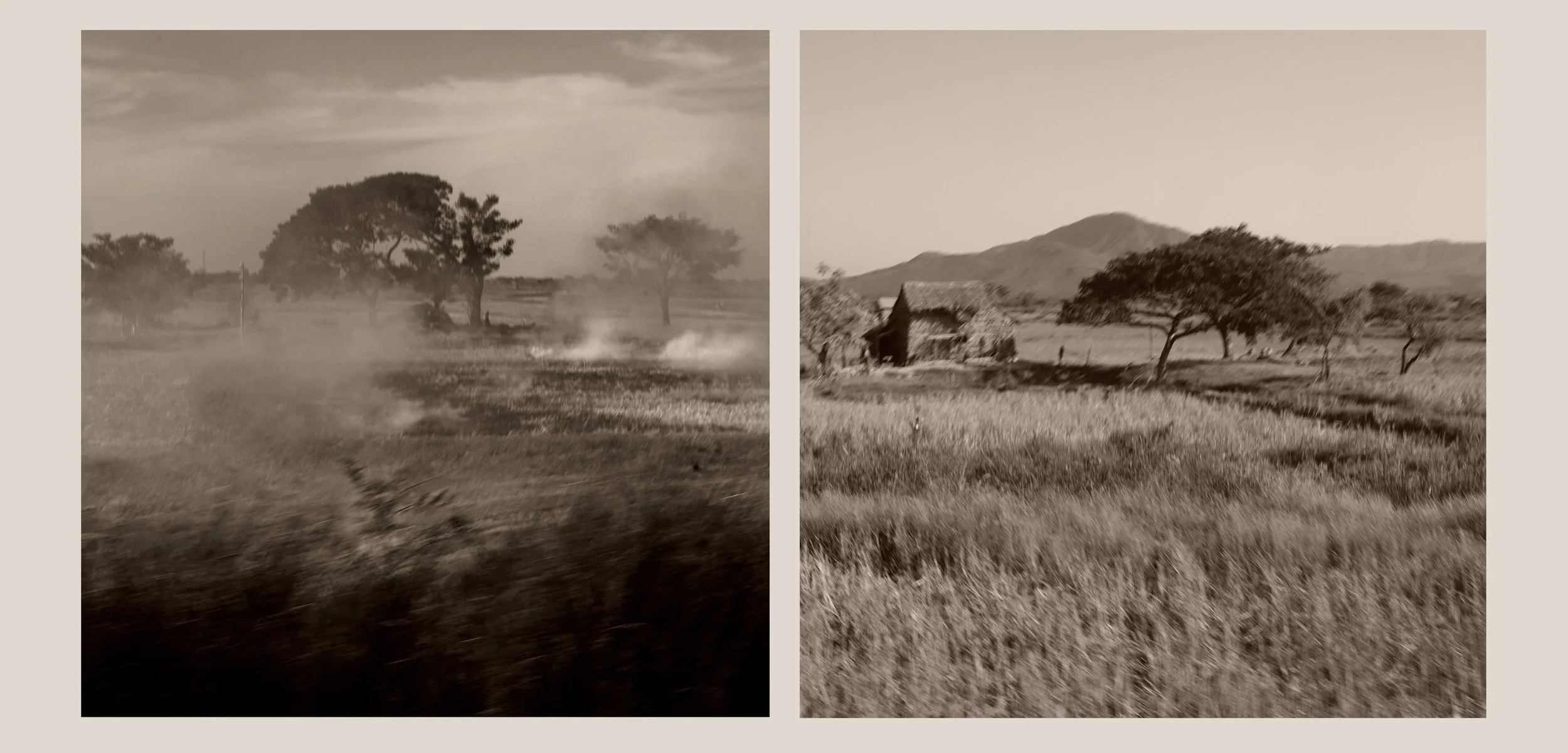 Two sepia-toned landscape photos side by side. The left photo shows a rural scene with trees, some smoke, and a dirt path or road in the foreground. The right photo depicts a rural scene with trees, a small rustic house, and a mountain in the backgro
