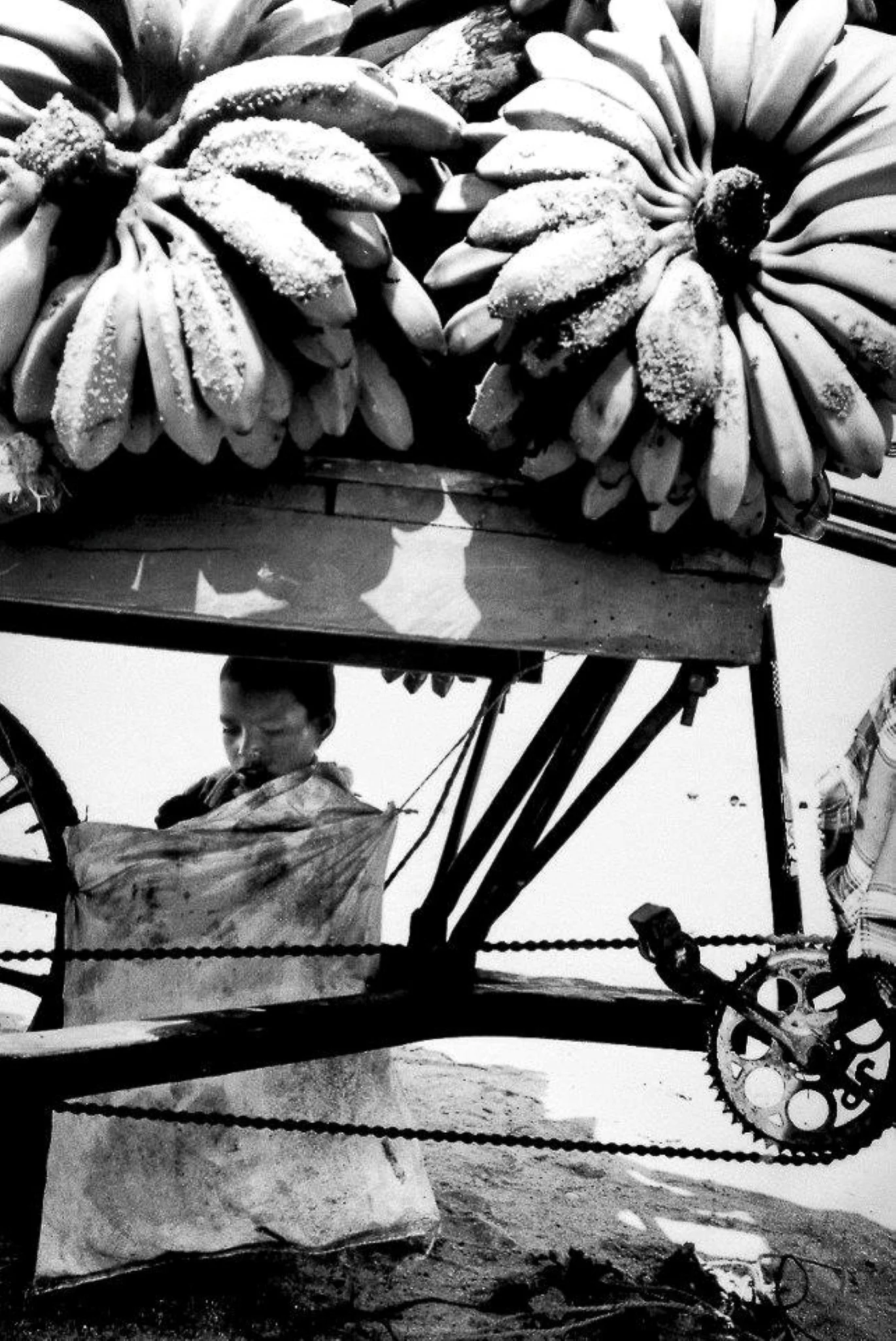 A boy selling bananas on a bicycle cart with bananas on top in a black and white photograph.