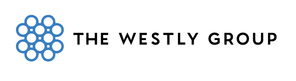 Logo with a blue circular cluster and the text 'The Westly Group' in black.
