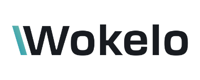 Wokelo logo with black text and teal and gray accent lines