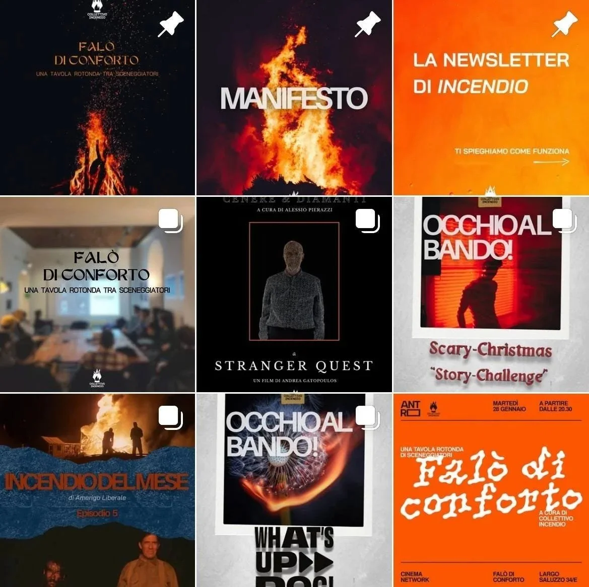 Riunione di scena teatrale con testi e immagini che promuovono spettacoli e newsletter sul tema degli incendi e della sicurezza