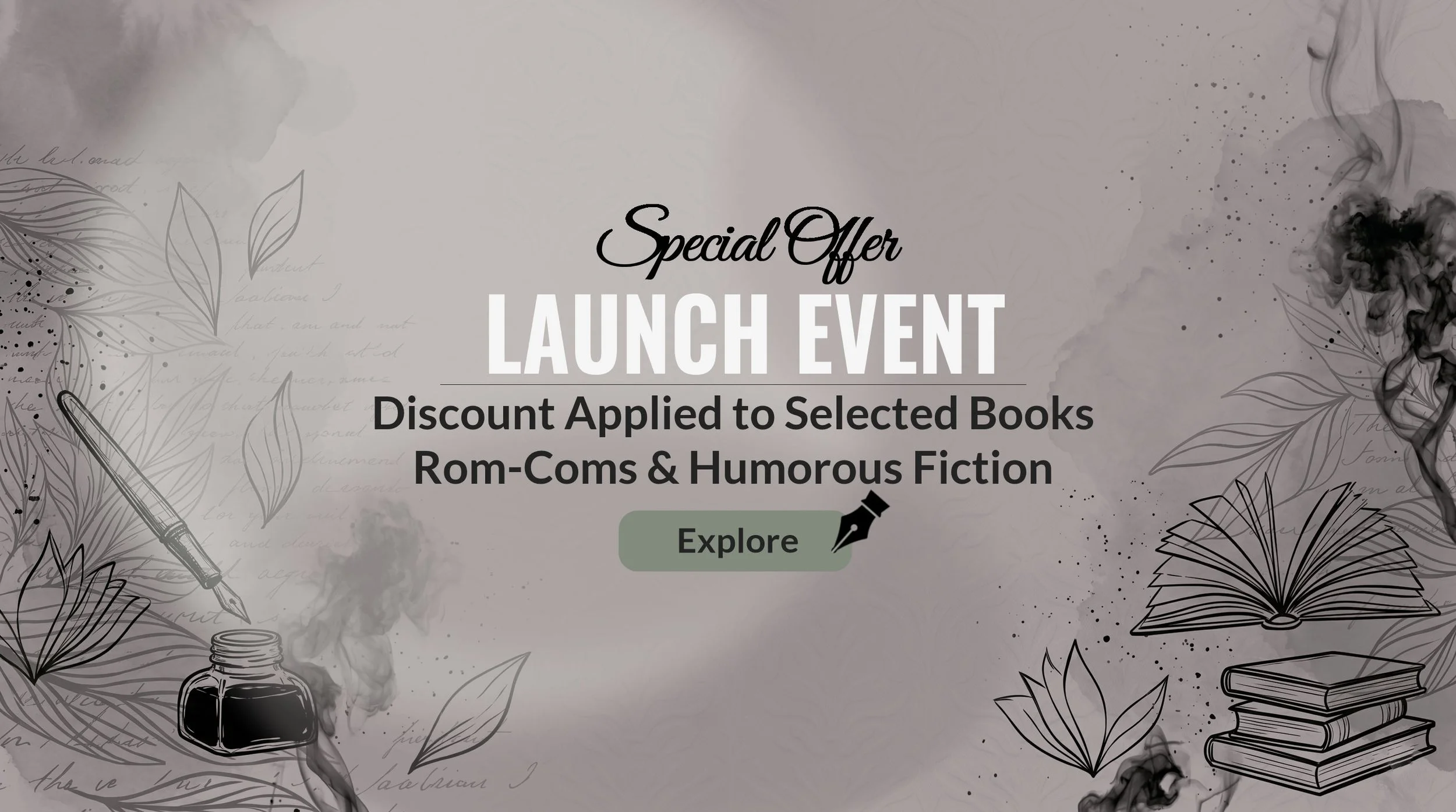 Announcement for a launch event offering discounts on selected books, including romance, comics, and humorous fiction, with an 'Explore' button.
