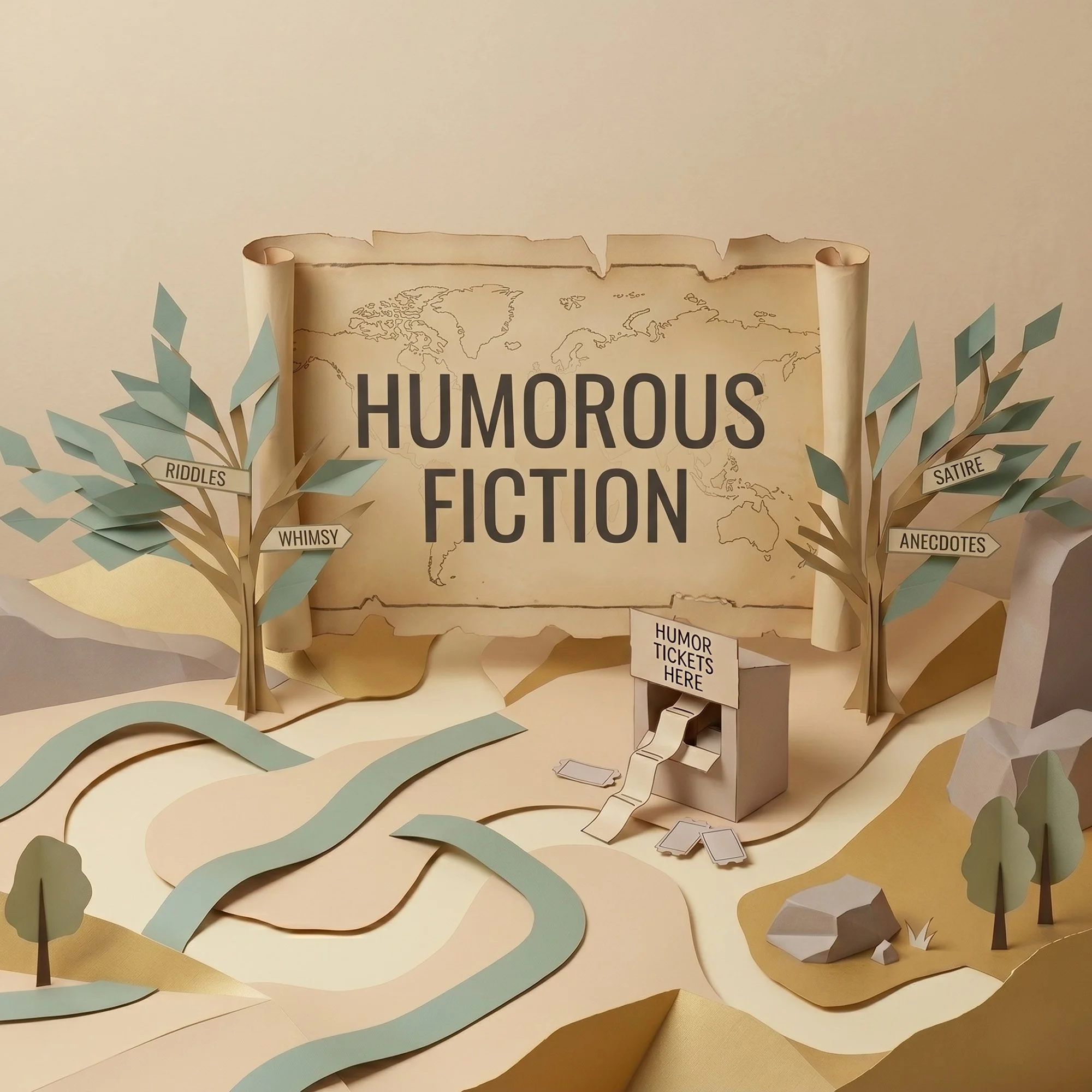 Decorative display about humorous fiction with paper trees featuring labels for 'Riddles,' 'Satire,' 'Whimsy,' 'Anecdotes,' and 'Humor Tickets Here,' against a large map background.