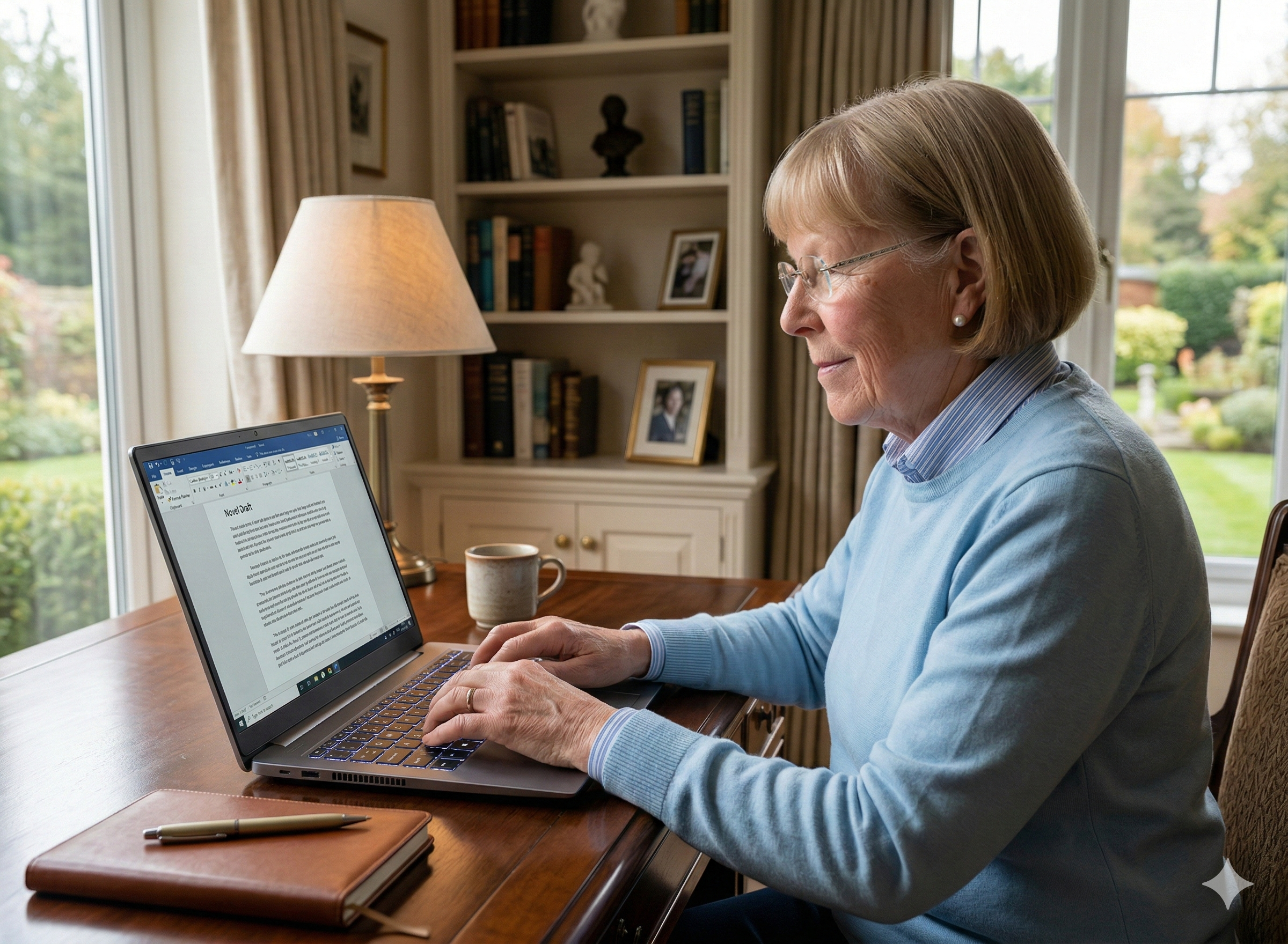An elderly woman works on a laptop at a wooden table in a well-lit room with large windows, bookshelves, and framed photos in the background.