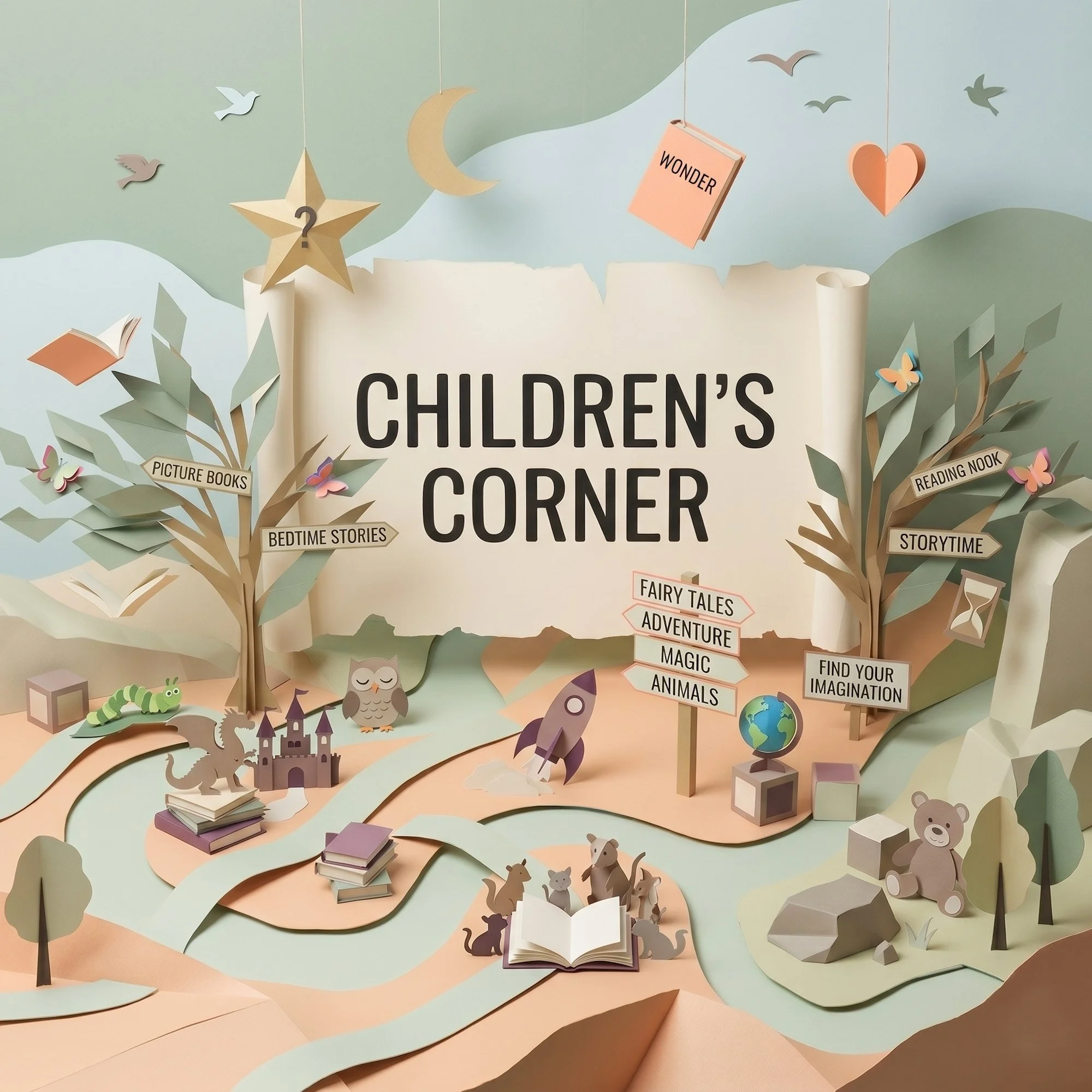 Decorative display with paper cutouts of birds, stars, crescent moon, books, trees, animals, and a castle, featuring a sign that reads 'Children's Corner' and themed labels like 'Picture Books' and 'Bedtime Stories.'