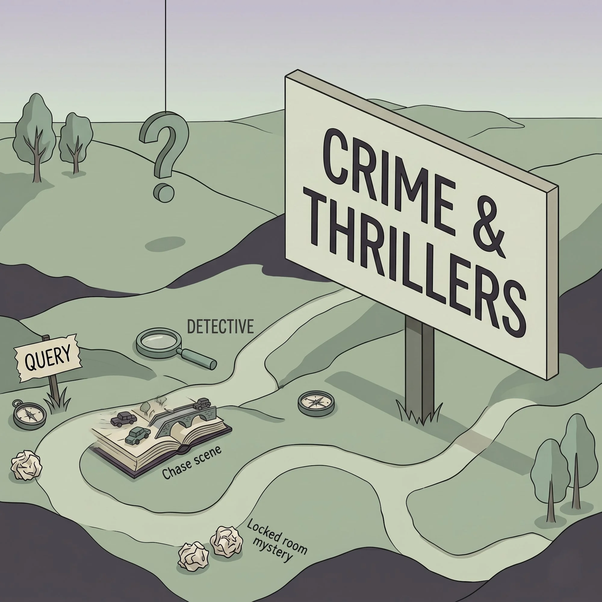 Illustration of a detective story setting with a large sign reading 'Crime & Thriller,' a magnifying glass, toy cars, maps, a book titled 'Chase Scene,' and signs labeled 'Query' and 'Locked room mystery' accompanied by rocks and bushes.