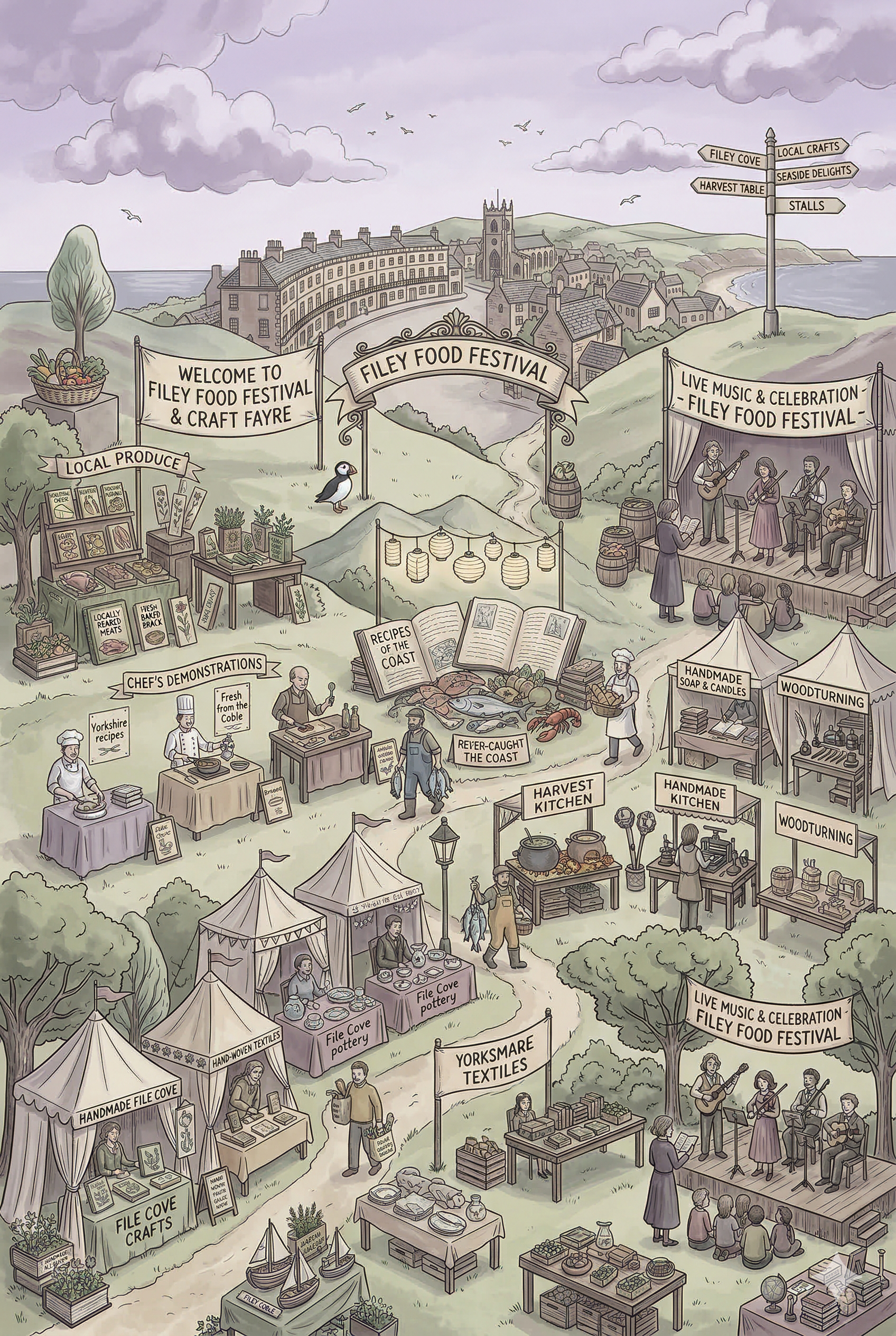 Illustration of a lively outdoor festival in a seaside town with food stalls, craft vendors, live music, and various activities. Features include a signpost with directions, a stage with musicians, food and craft tables, and scenic background of buildings, hills, and the ocean.