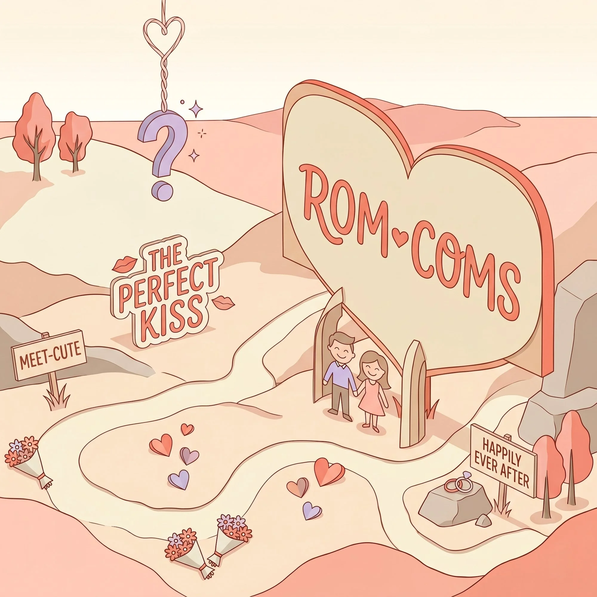A romantic illustration of a map of romance-themed locations including 'The Perfect Kiss,' 'Meet-Cute,' and 'Happily Ever After,' with a couple holding hands near a sign.